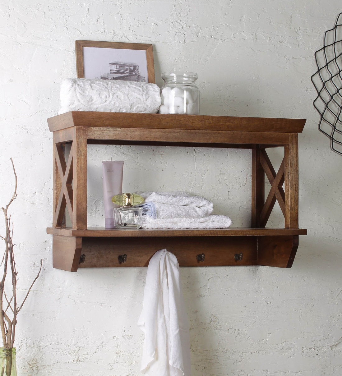 natural wood bathroom shelves