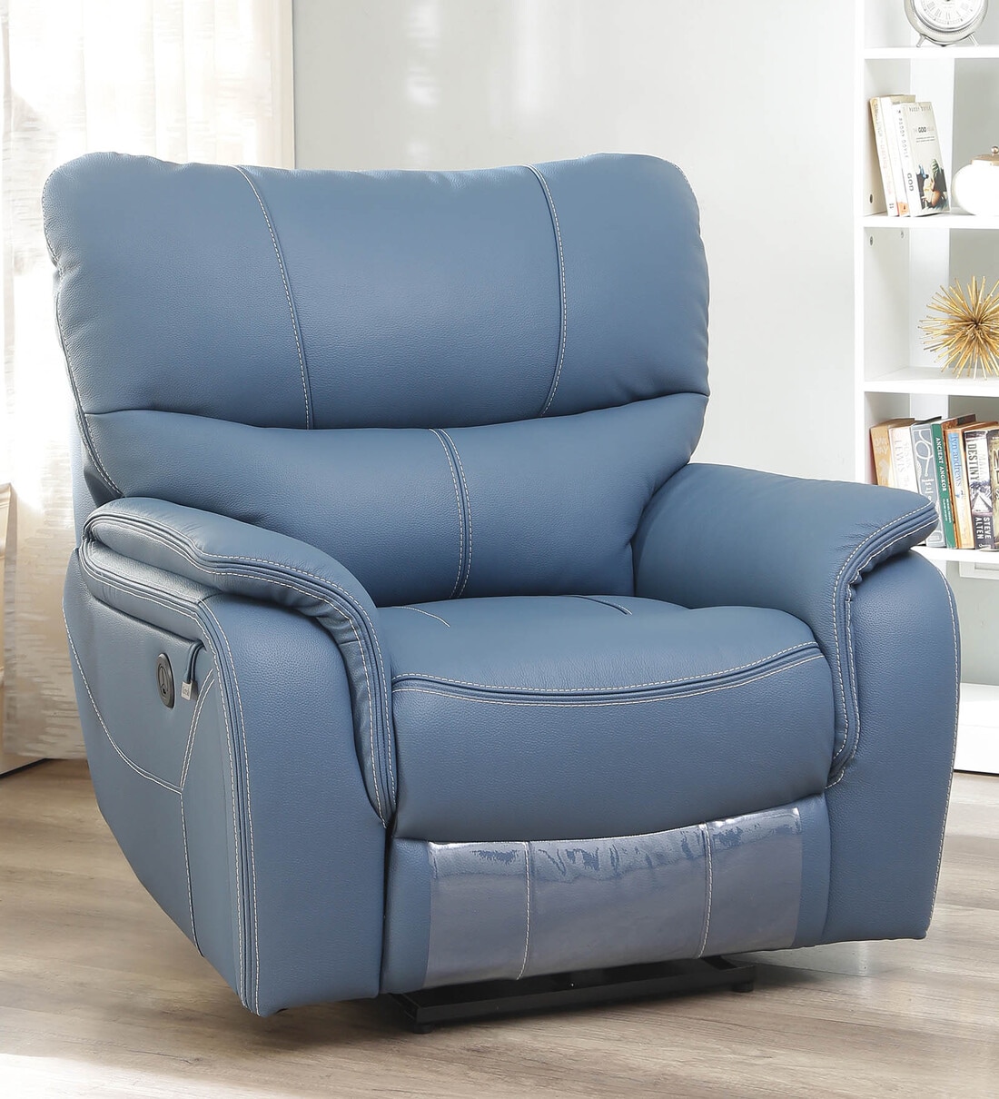 Blue leather chair and best sale a half