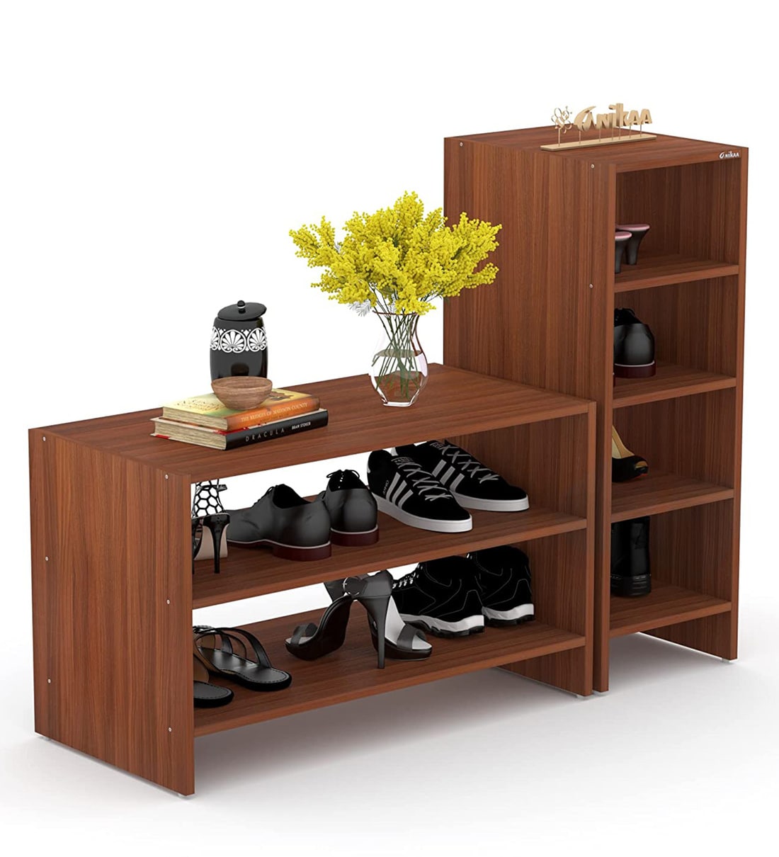 Buy Falter Open Shoe Rack in Walnut Finish by Anikaa Online Open Shoe