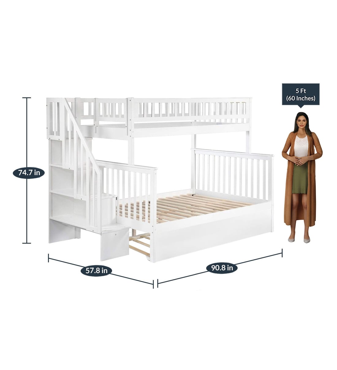 Buy Farmhouse Pine Wood Trundle Bunk Bed in White CasaCraft By