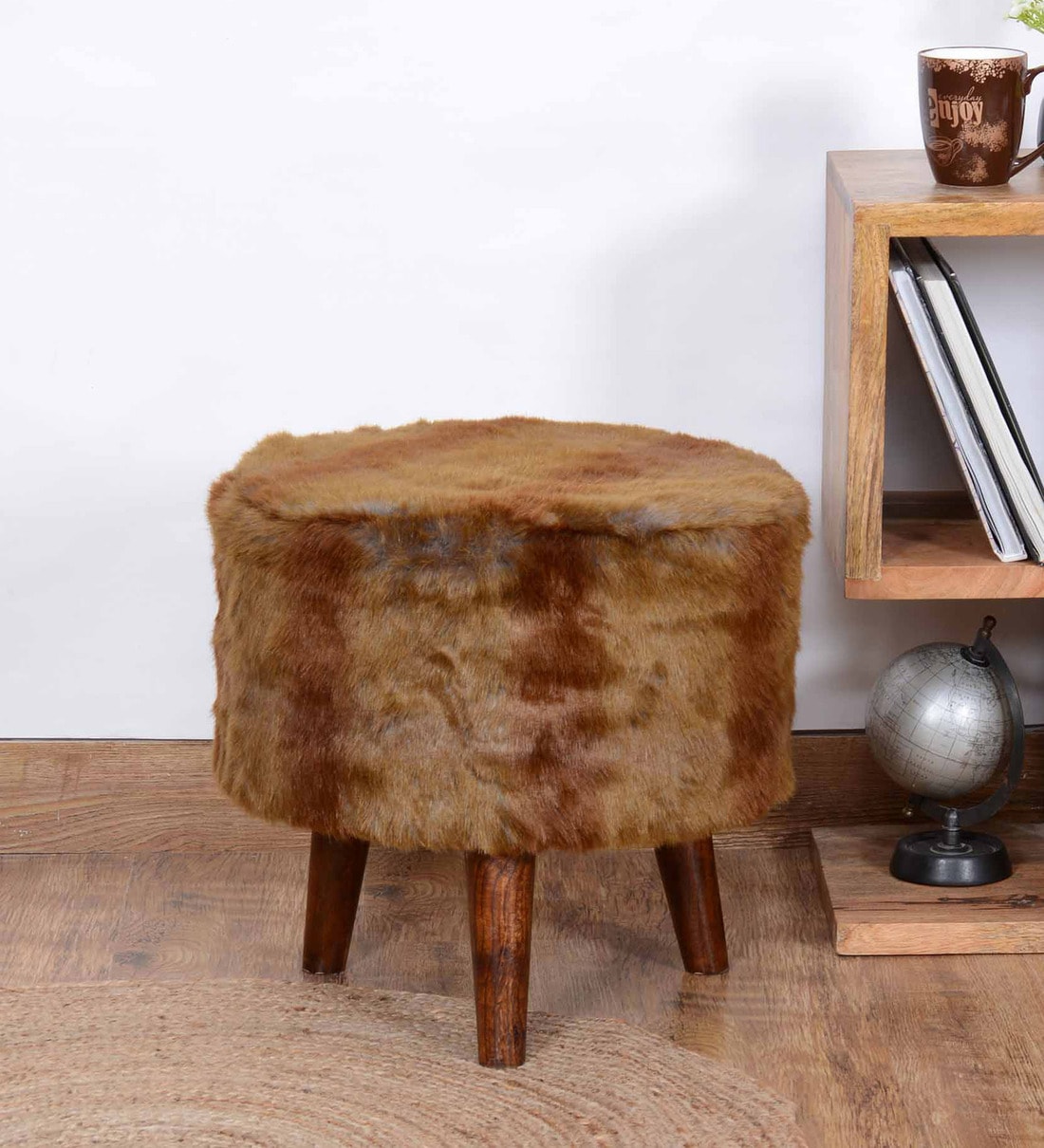 Buy Faux Fur Seating Stool in Brown Colour by Natural Furnish Online ...