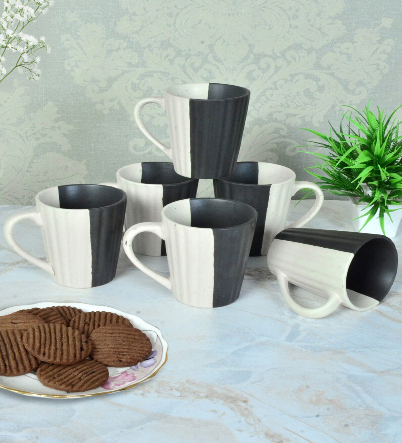 Black & White Striped Ceramic 250 ml Handcrafted (Set of 6) Coffee Mug