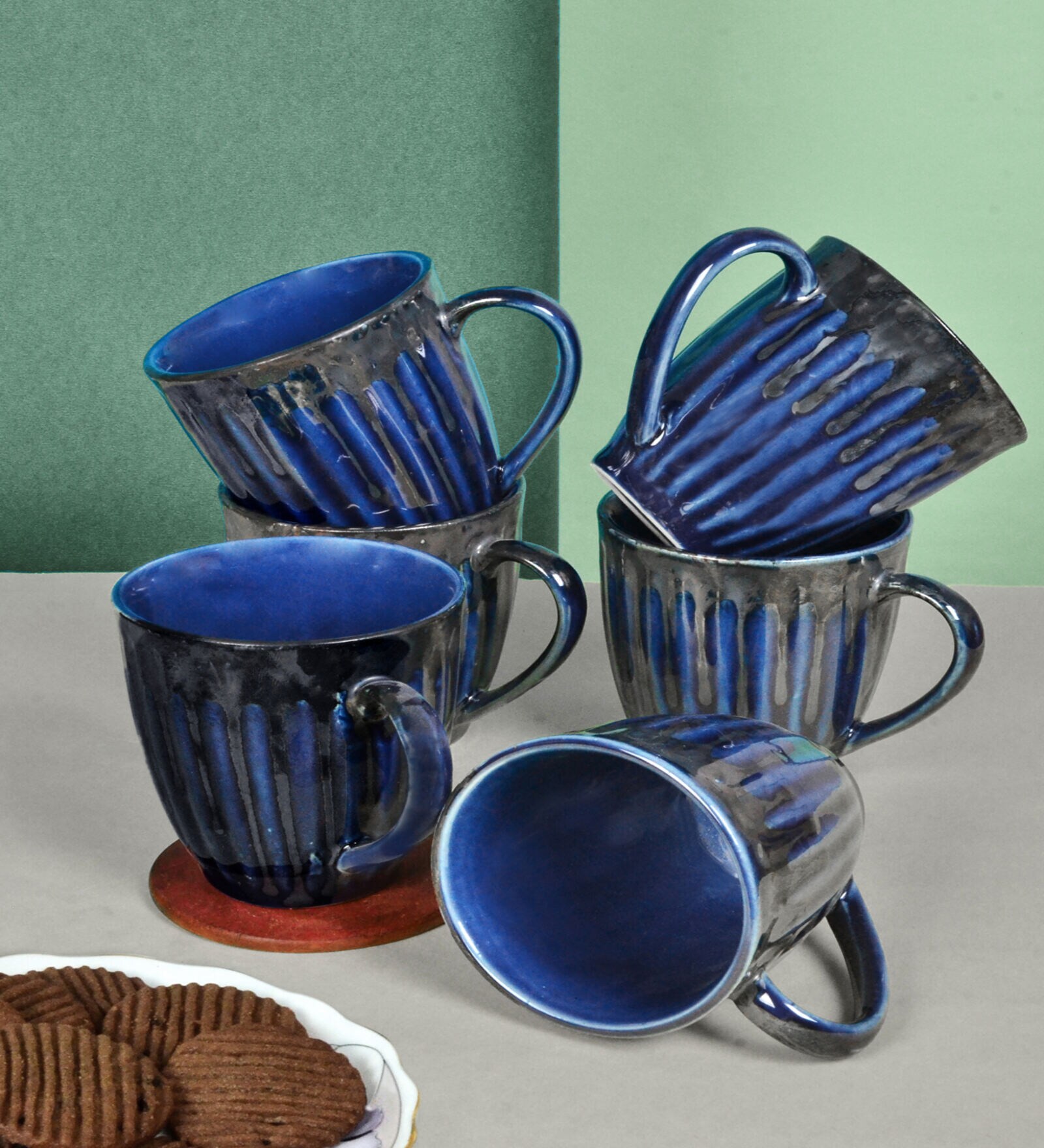 Blue Striped Ceramic 350 ml Handcrafted (Set of 6) Coffee Mug