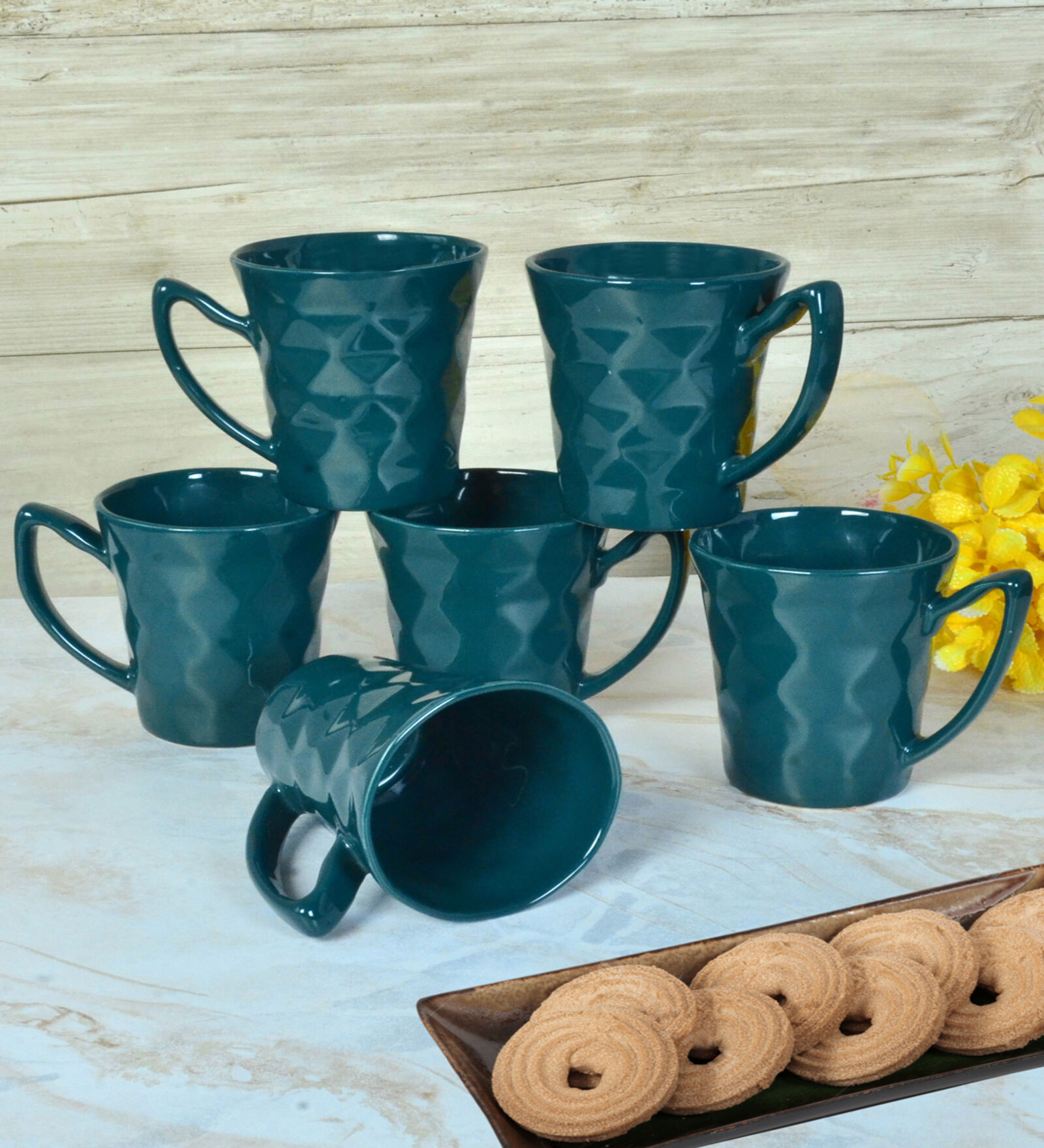 Green Ceramic 310 ml Glossy Handcrafted (Set of 6) Coffee Mug