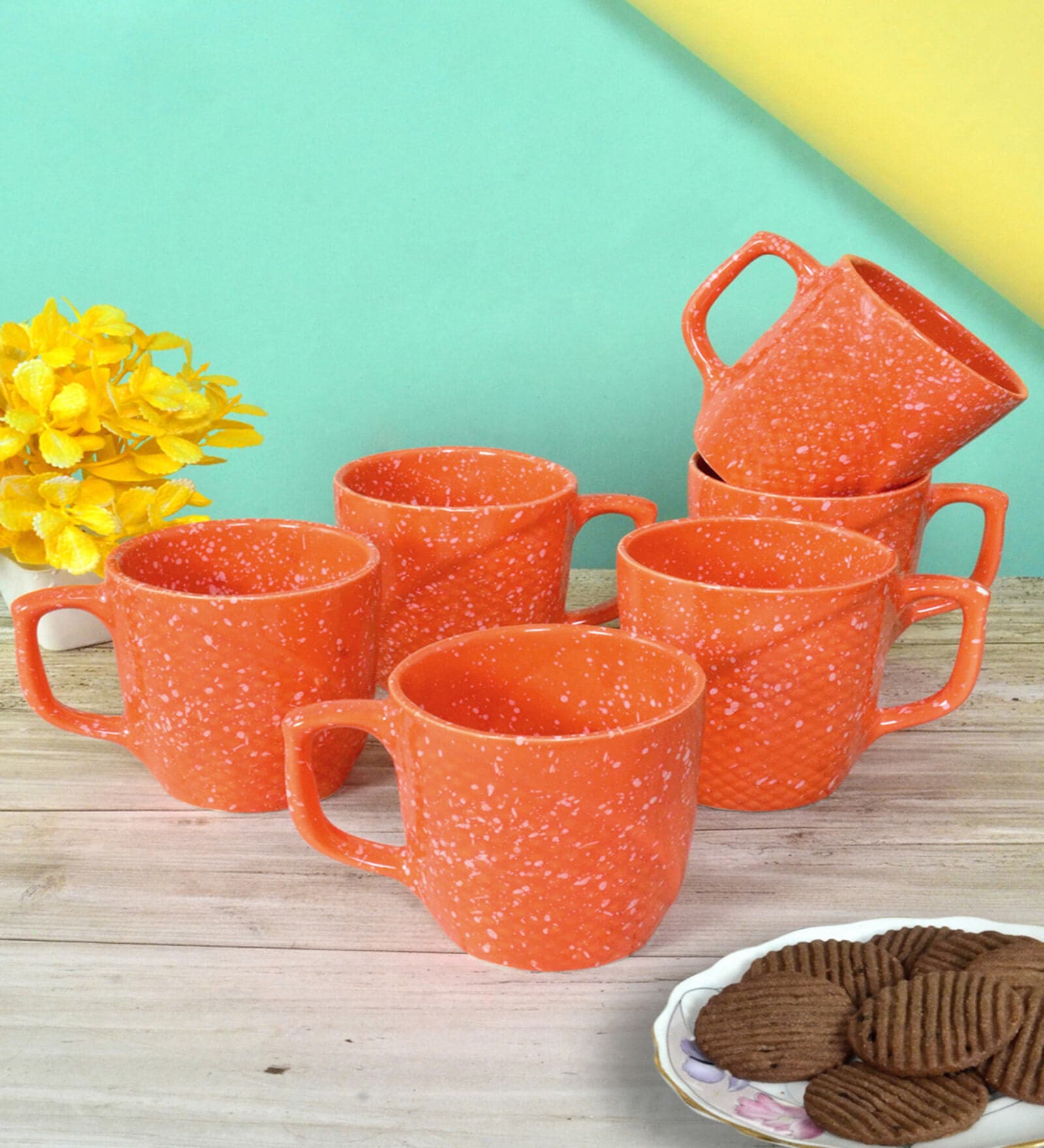 Orange Dotted Ceramic 320 ml Glossy Handcrafted (Set of 6) Coffee Mug