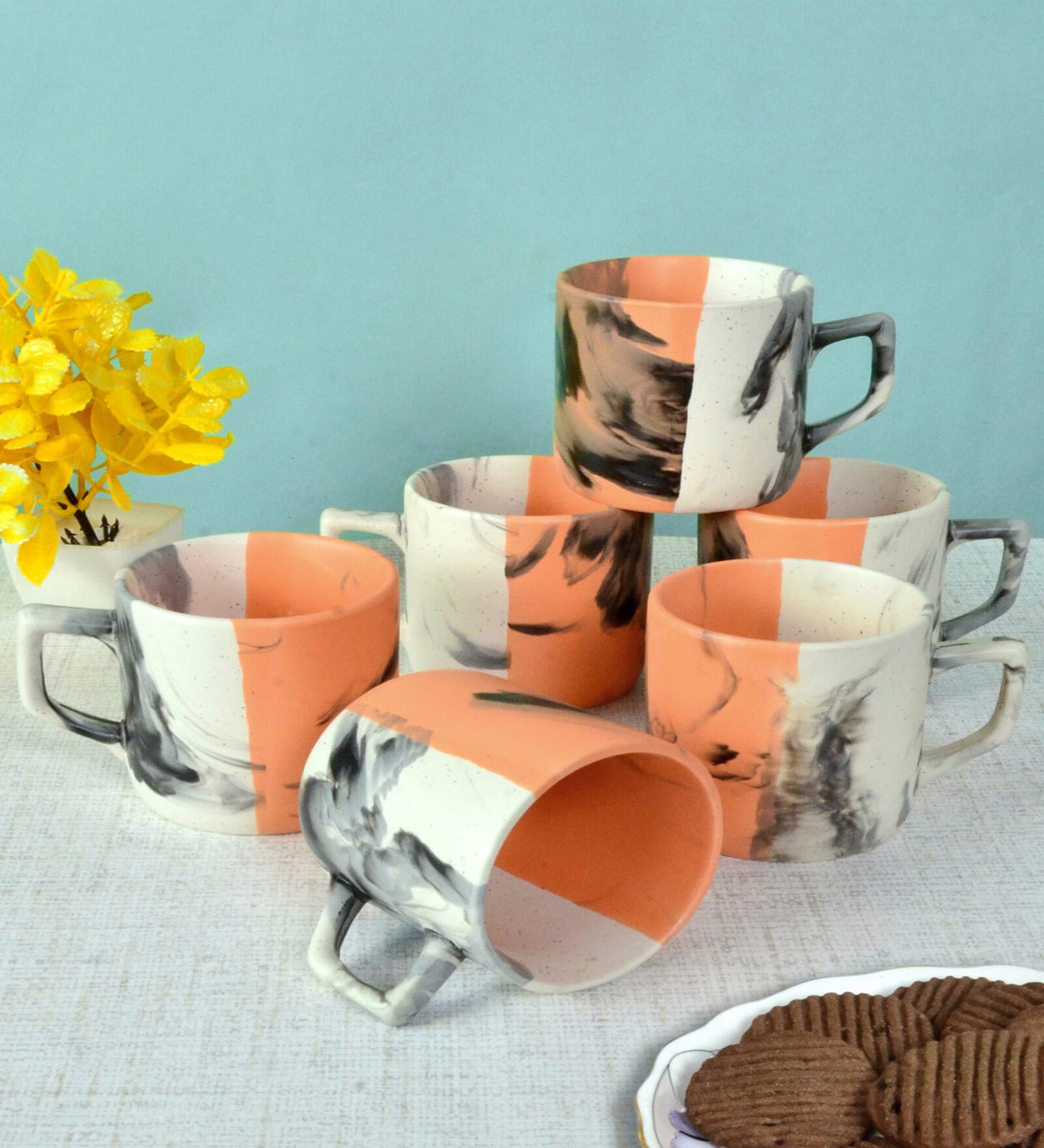 Buy Orange Abstract Ceramic 250 ml Handcrafted (Set of 6 ) Tea Cups at ...
