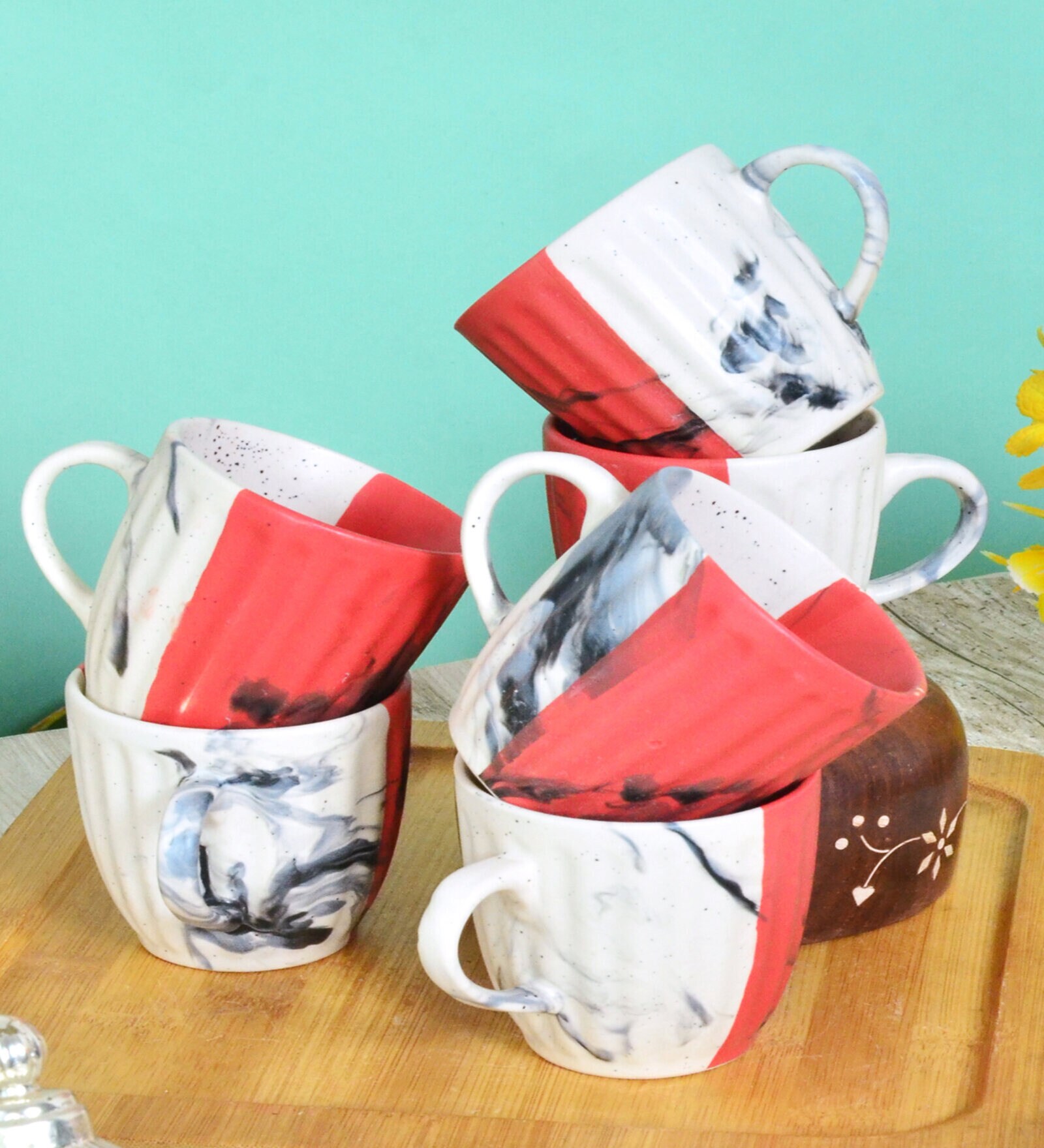 Buy Red Abstract Ceramic 130 ml Handcrafted (Set of 6 ) Tea Cups at 59% ...