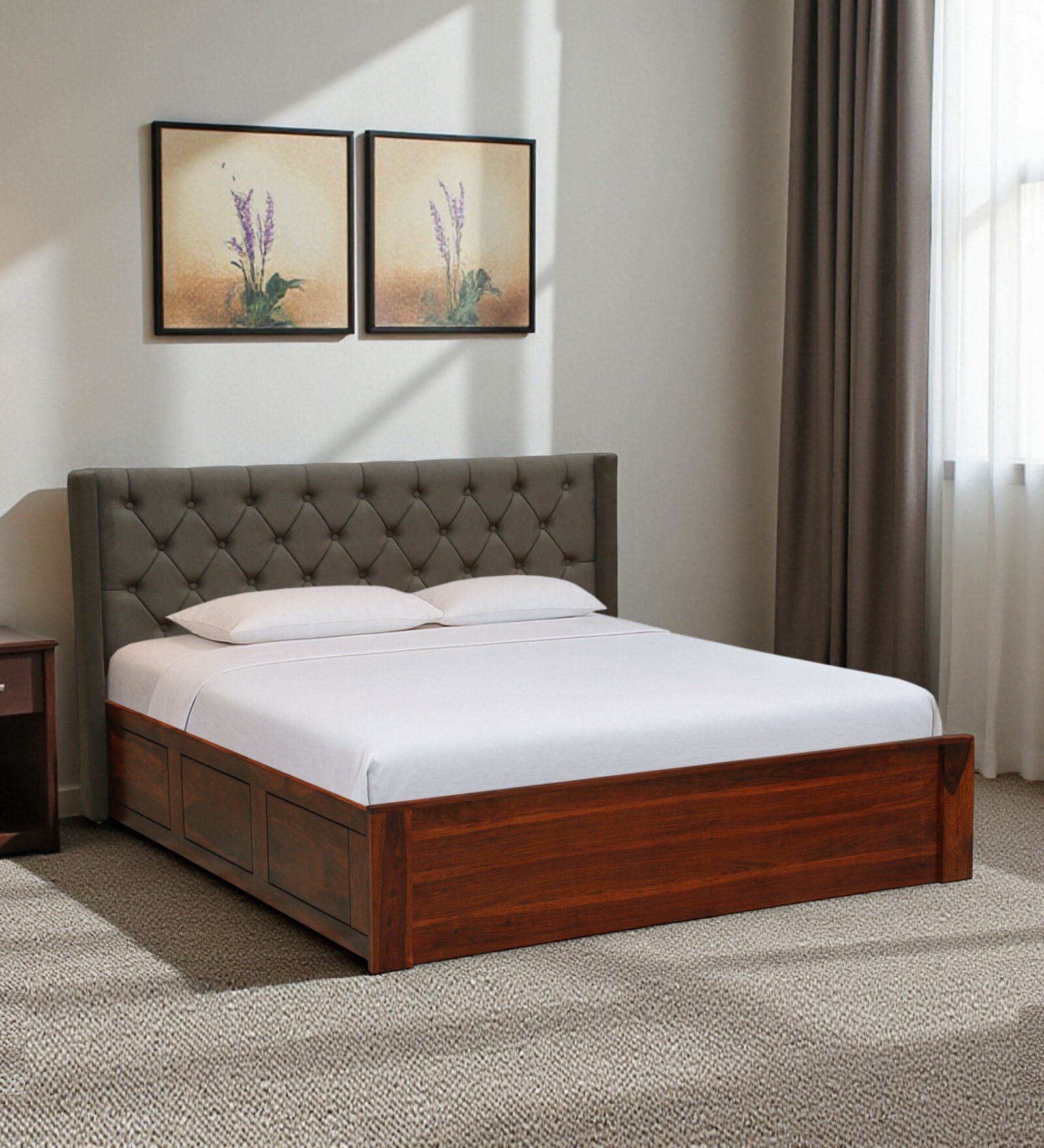 Fabrio Sheesham Wood Queen Size Bed In Honey Oak Finish With Box Storage Fabrio Sheesham Wood Queen Size Bed In Honey Oak Finish With Box Storage