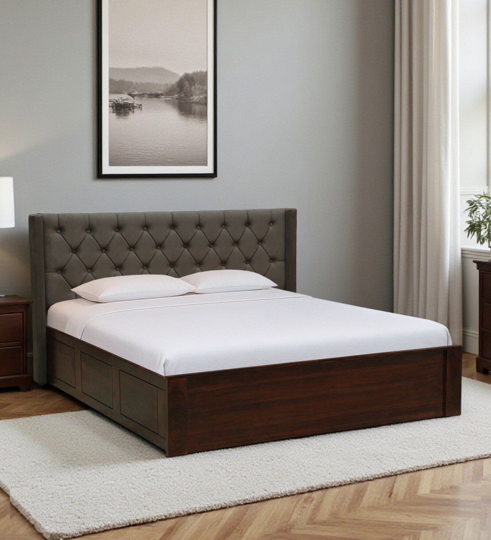 Fabrio Sheesham Wood Queen Size Bed In Provincial Teak Finish With Box Storage Fabrio Sheesham Wood Queen Size Bed In Provincial Teak Finish With Box Storage