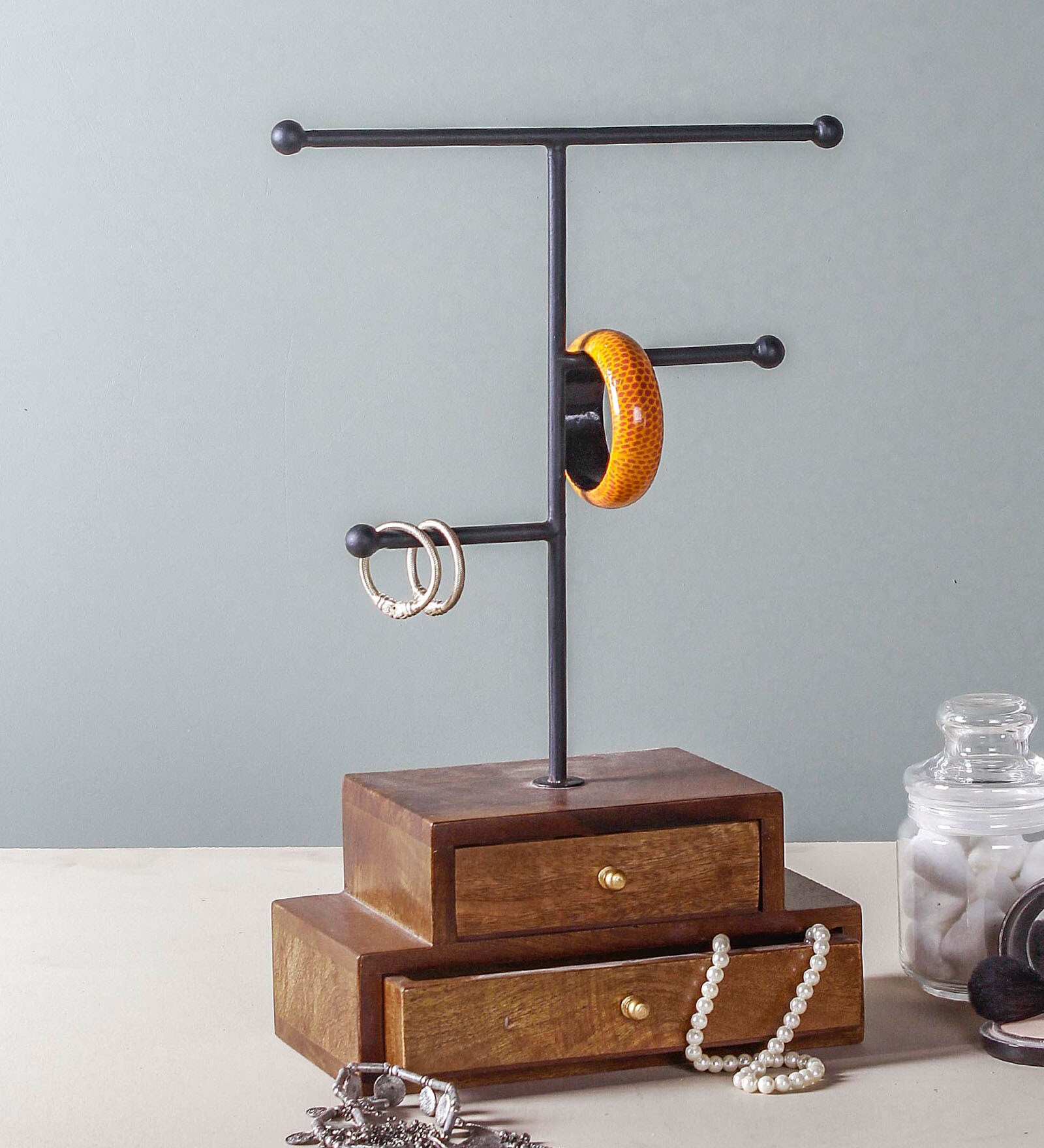 2 Compartments Wood Bangle Stand In Brown Jewellery Organiser