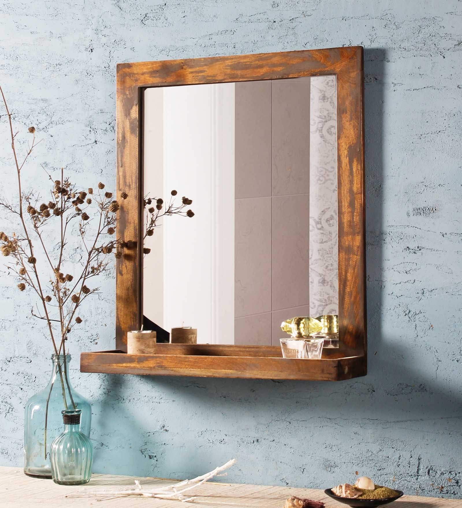 Mango Wood Rectangle Wall Mirror in Brown colour