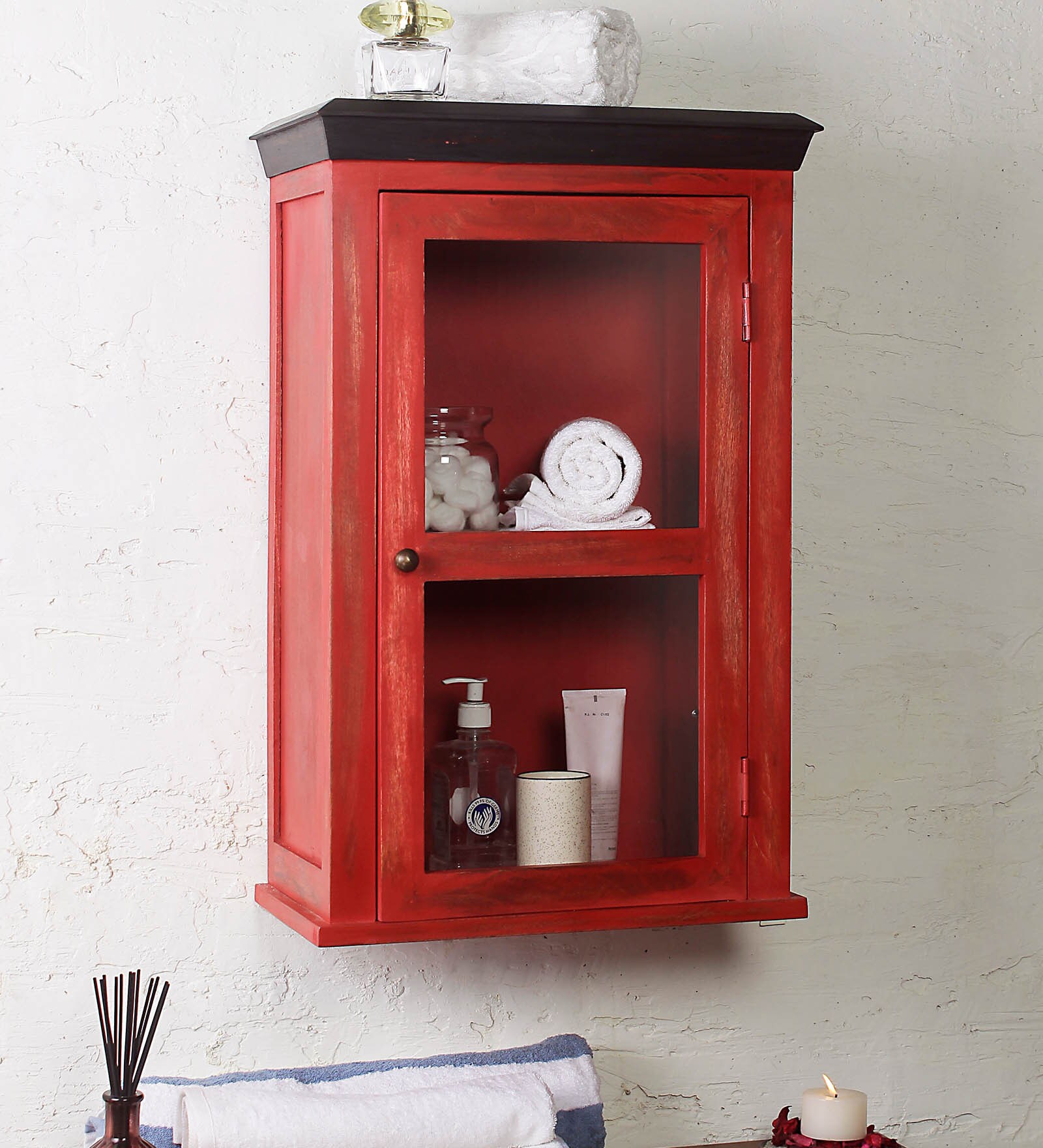 Mango Wood Red 2 Compartment Bathroom Cabinet (L: 16.5, W: 10, H: 28 Inches)