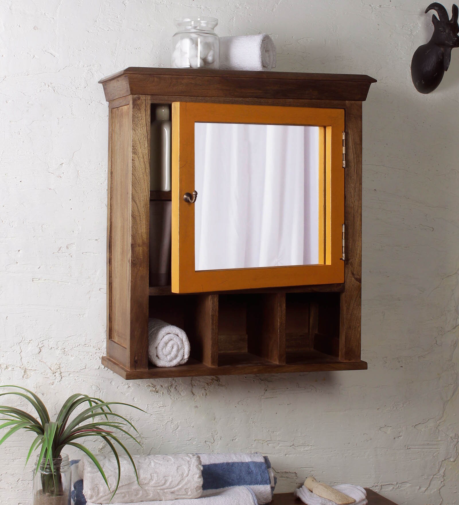 Mango Wood Brown & Yellow 5 Compartment Bathroom Cabinet With Mirror(L: 22, W: 10, H: 26 Inches)