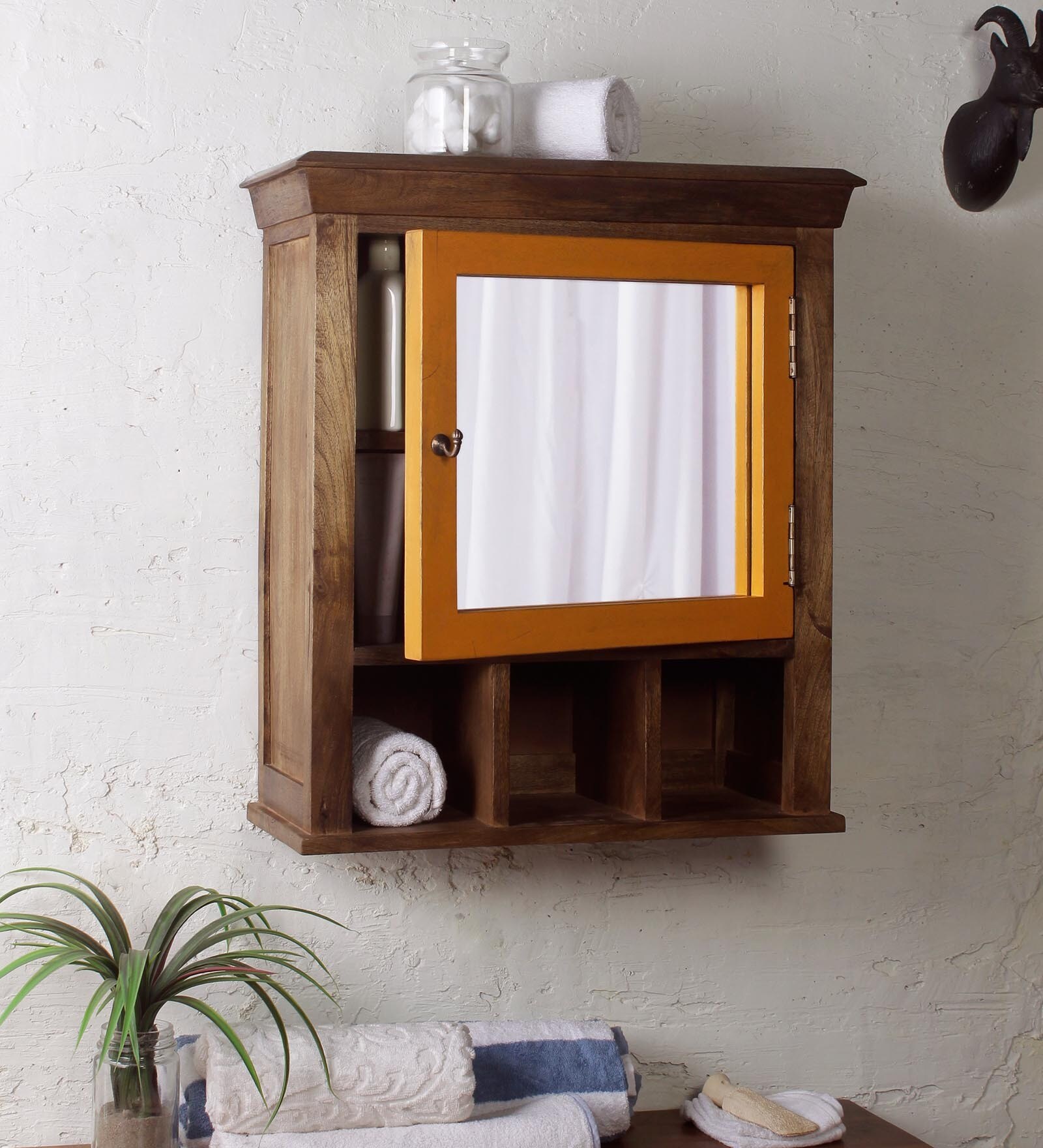 Buy Mango Wood Brown & Yellow 5 Compartment Bathroom With Mirror by Fabuliv at 22 OFF