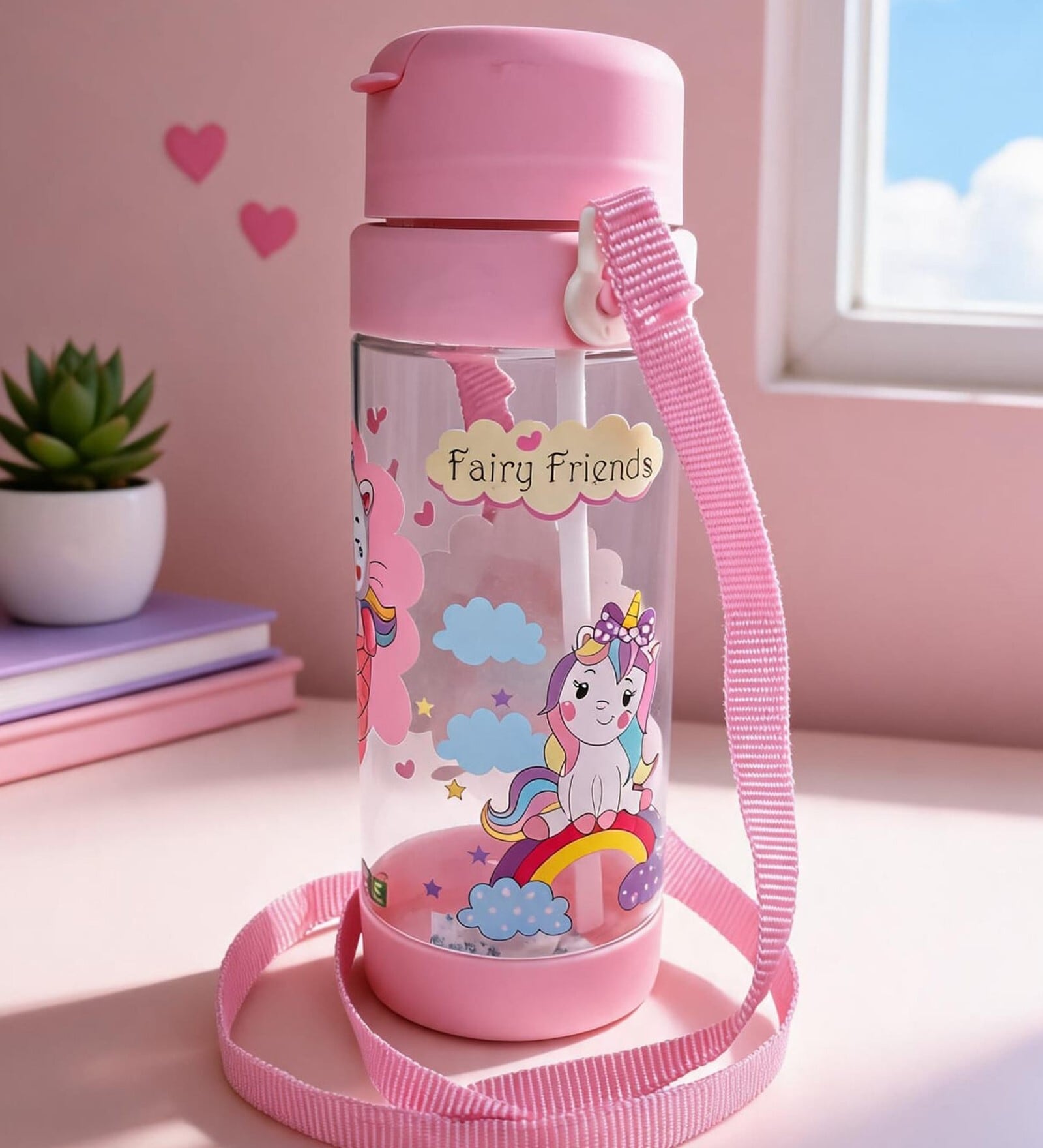 Pink Fairy Friends Printed Plastic Water Bottle with Straw & Carrying Strap, 600 ml