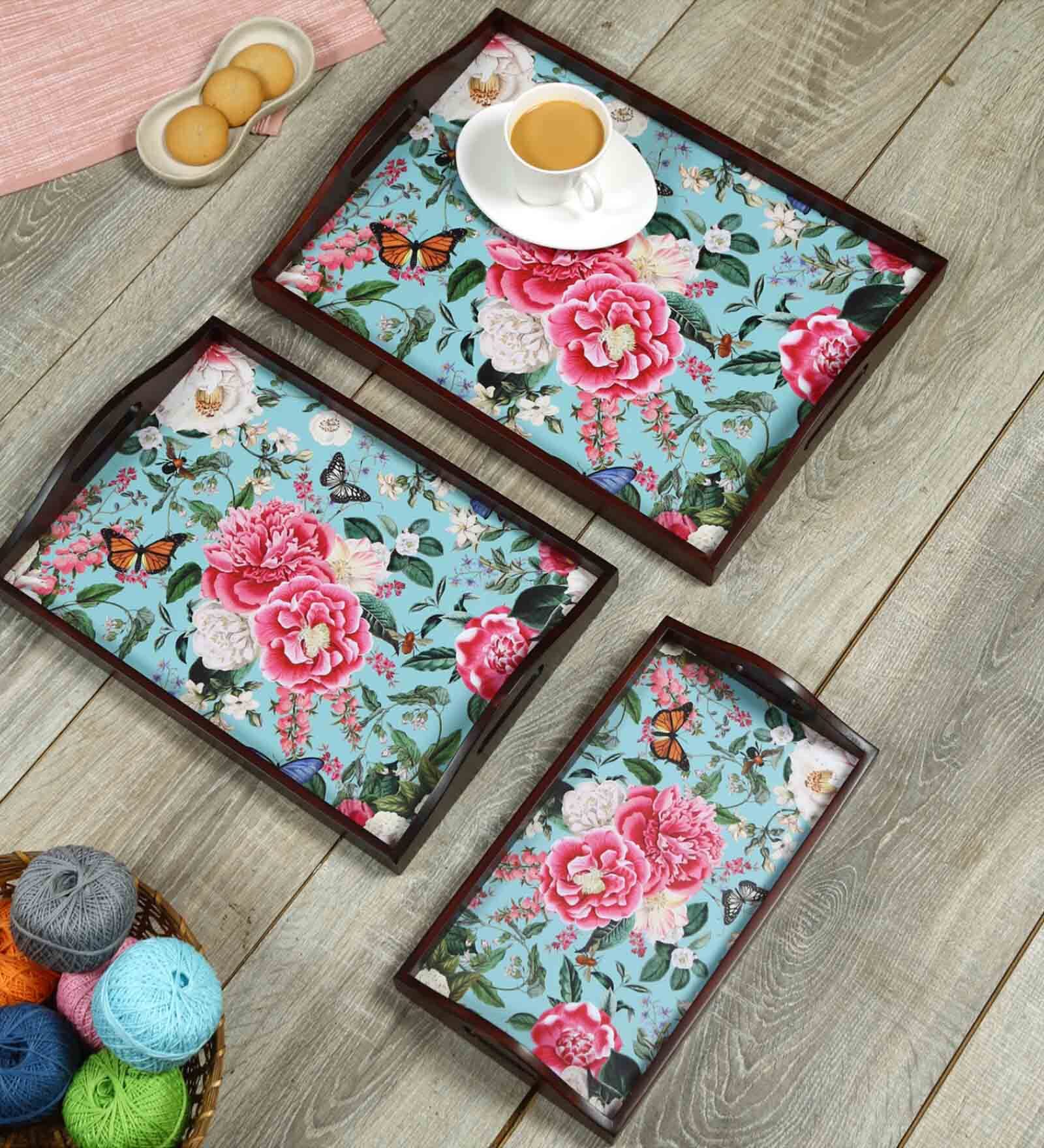 Fairy Garden Brown Teak Wood & MDF Serving Tray (Set of 3) Reinvention factory