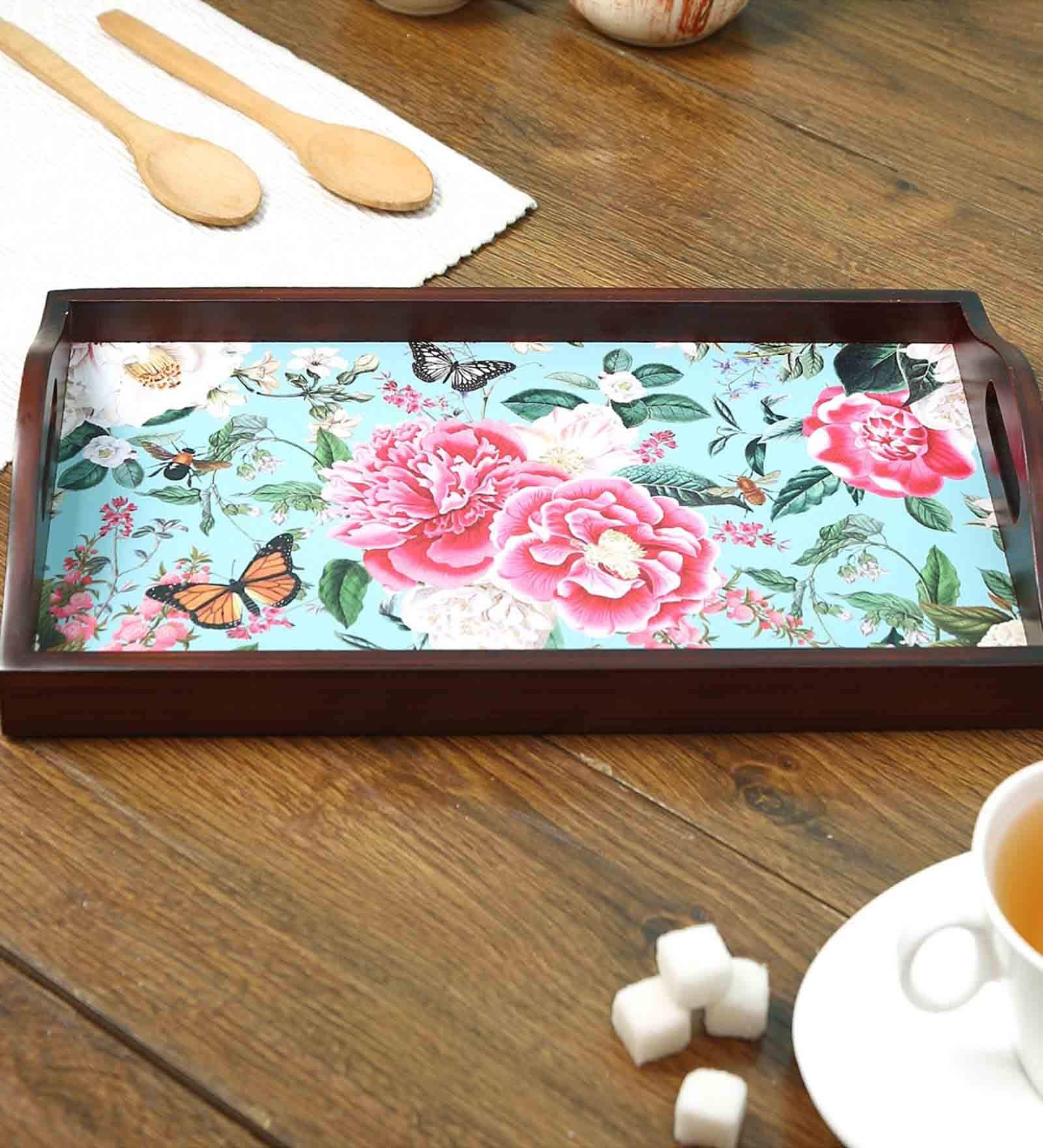 Fairy Garden Brown Teak Wood & MDF Serving Tray Reinvention factory
