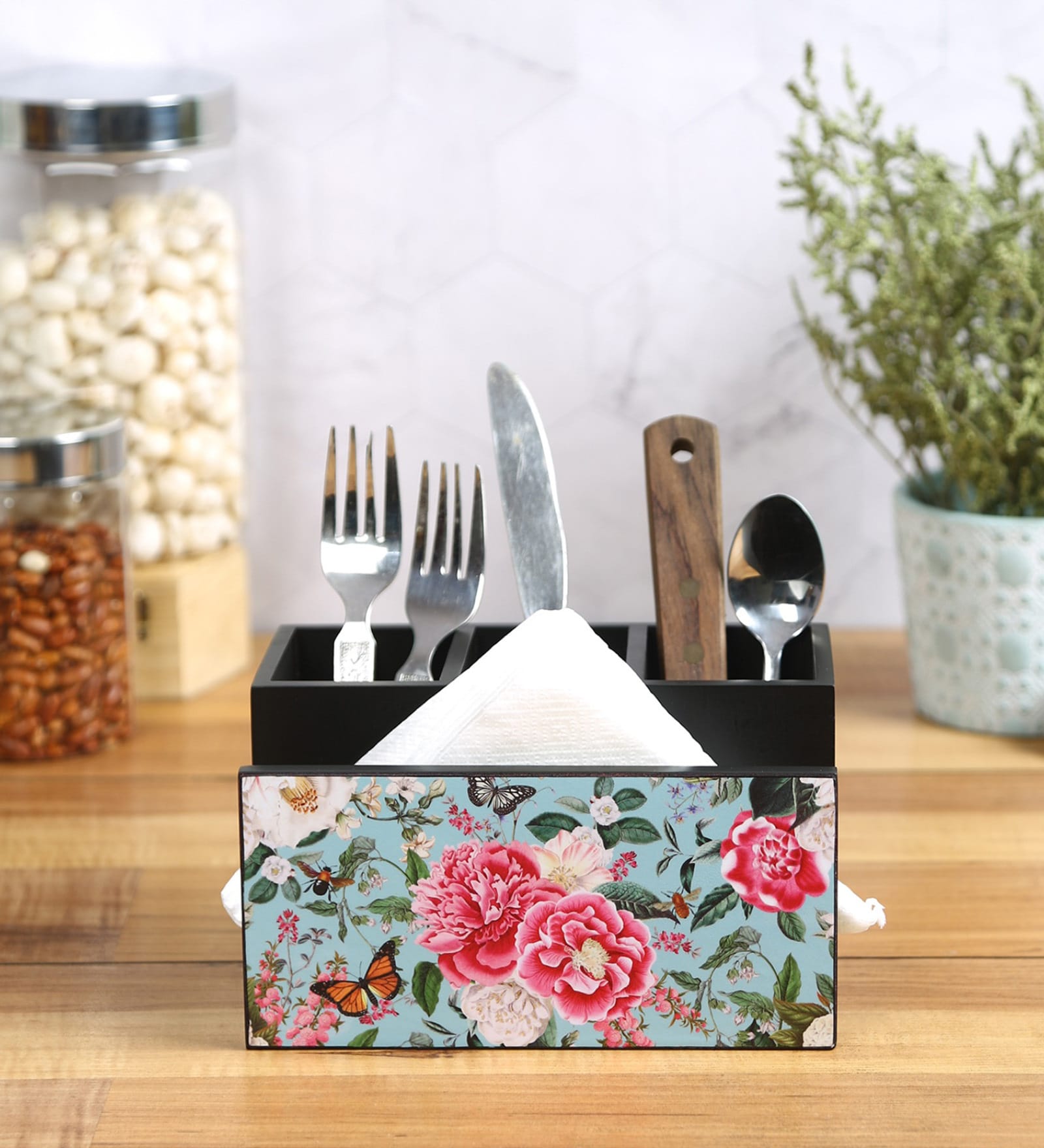 Fairy Garden Multicolor MDF Cutlery and Tissue Holder