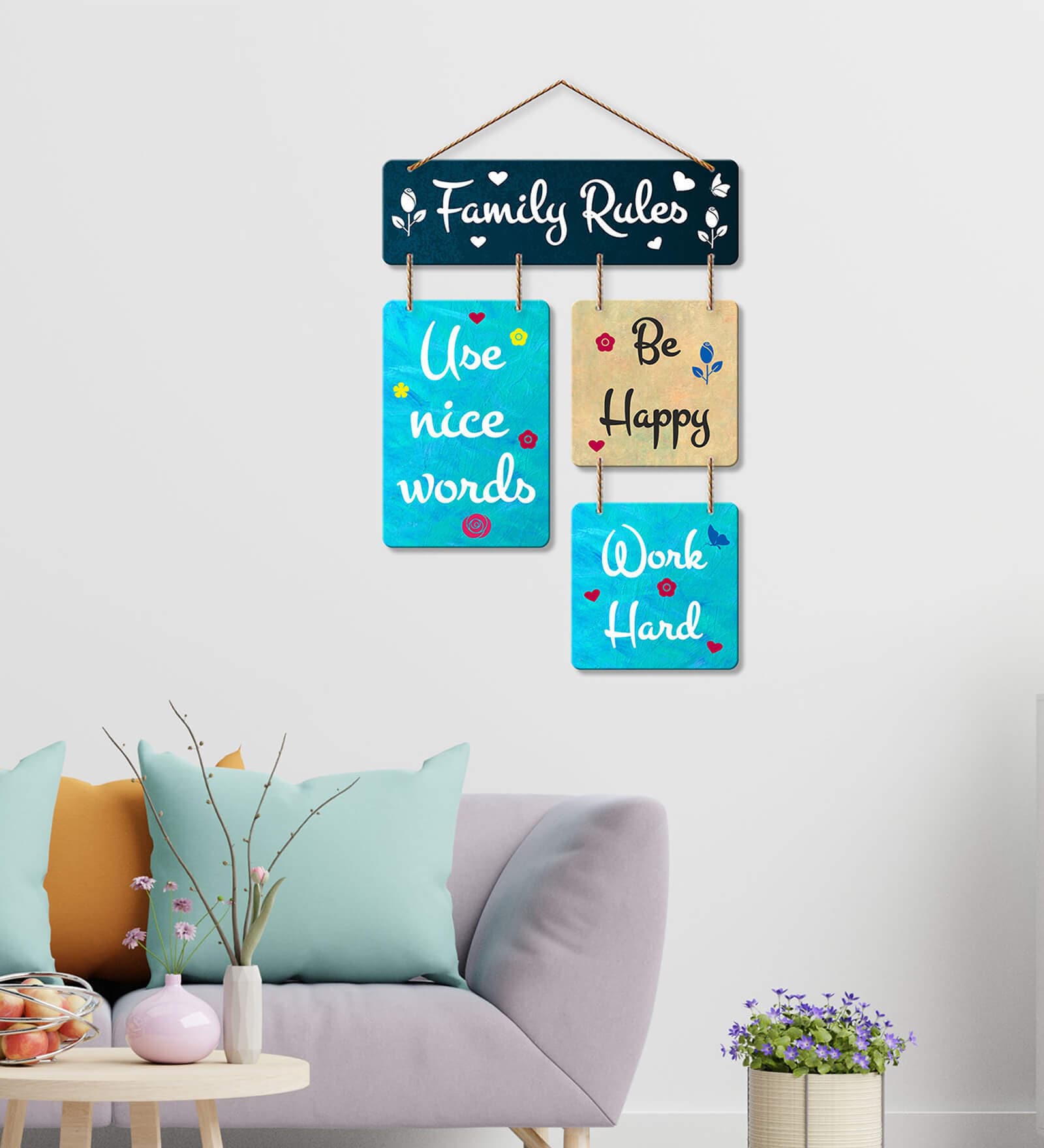 Family Rules Multicolour Engineered Wood Wall Hanging Quotes