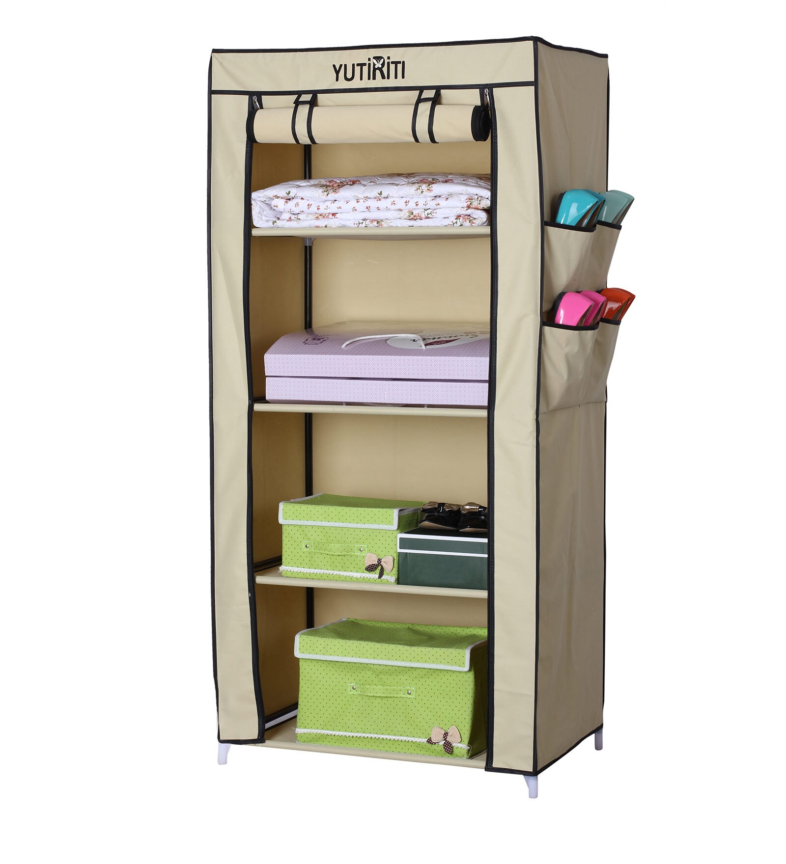 Fancy Single Door Portable Multipurpose Waterproof Fabric Wardrobe in Cream Colour