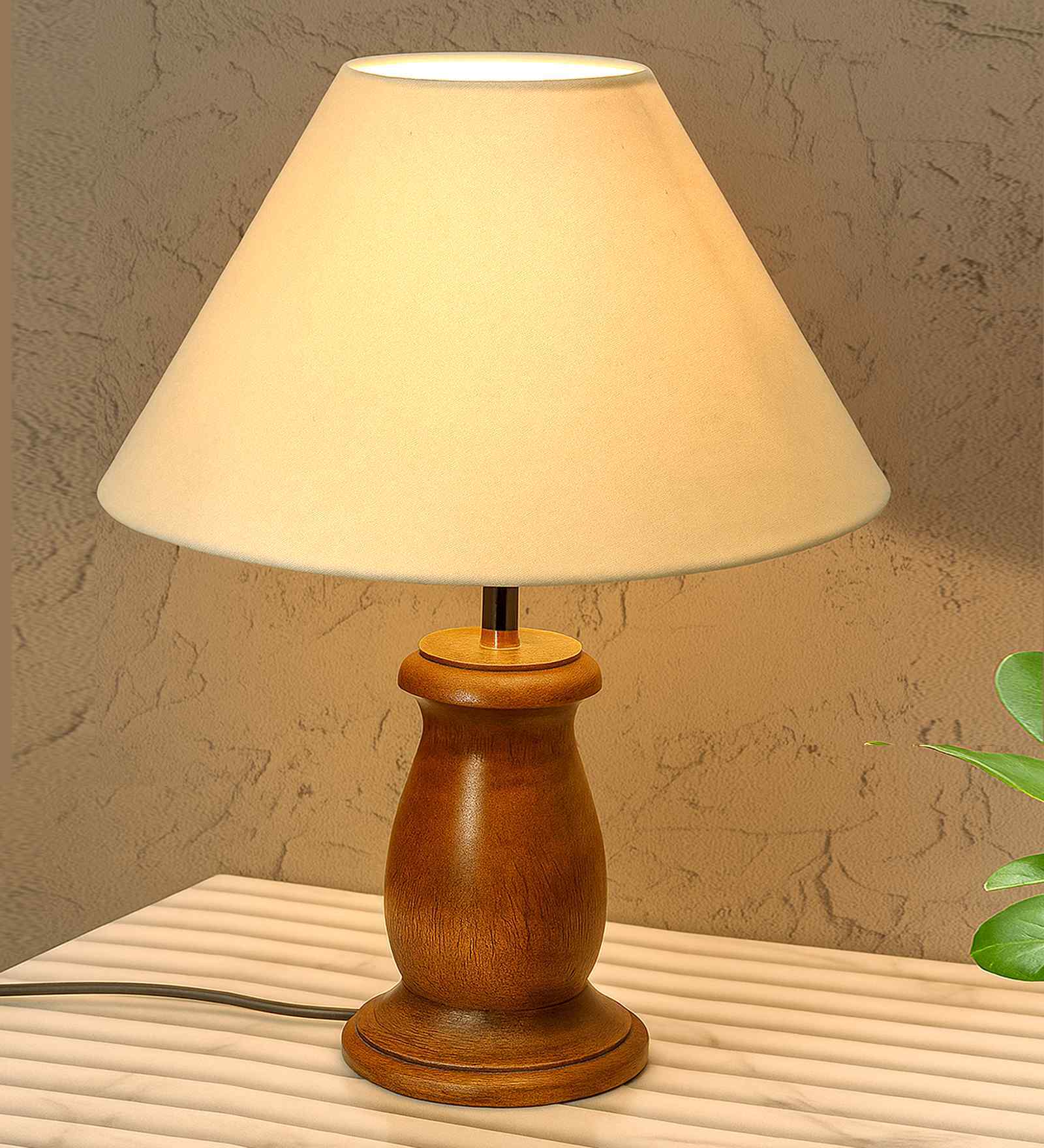 Farmhouse Linen Table Lamp with Walnut Finish and Khadi Cone Shade
