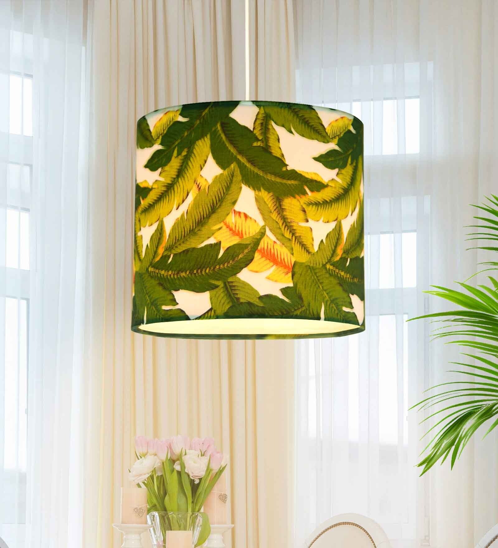 Farmhouse Retro Hanging Lights, Block Printed Drum Shade Pendant, Leafy Affair Design