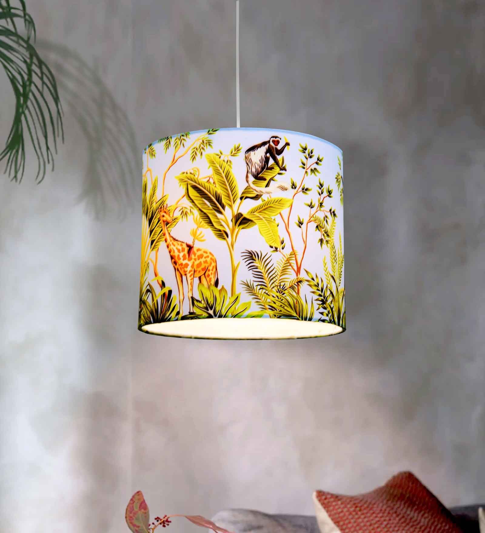 Farmhouse Retro Hanging Lights, Block Printed Drum Shape Pendant, Jungle Design