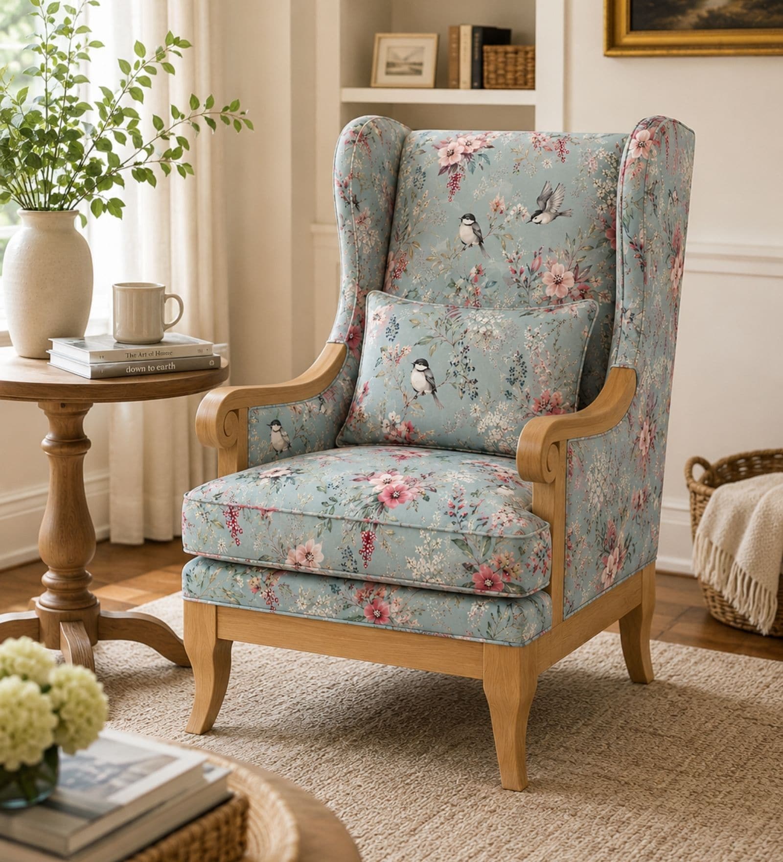 Faron Teak Wood Wing Chair With Suede Fabric In Green Colour Faron Teak Wood Wing Chair With Suede Fabric In Green Colour