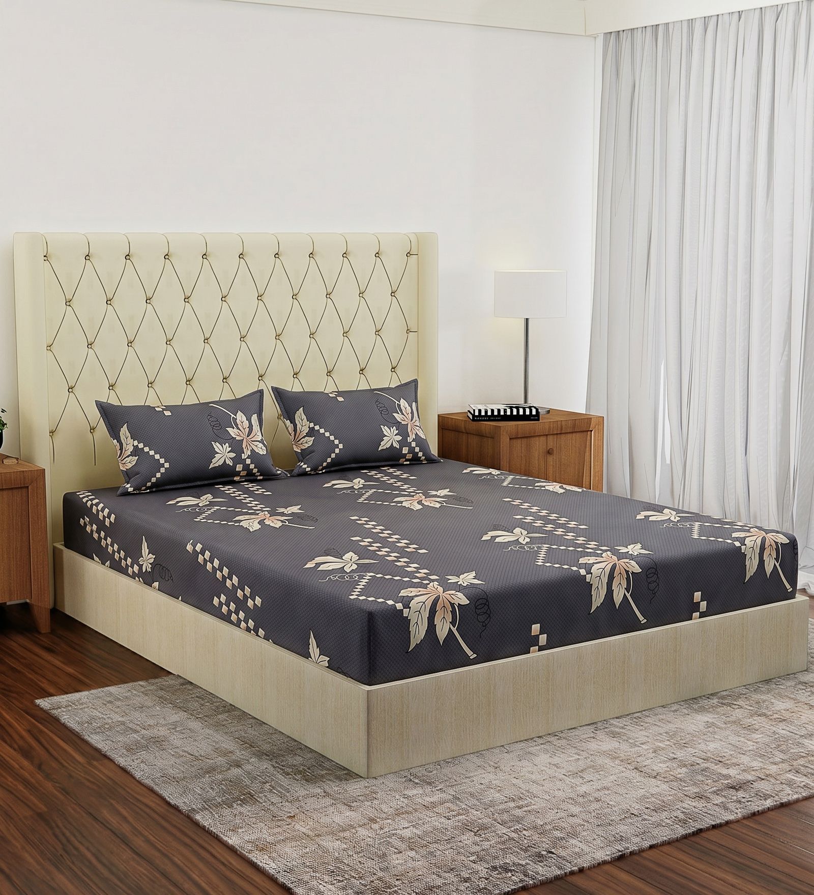 Grey Abstract 180 TC Polyester Double Size Bedsheet With 2 Pillow Covers