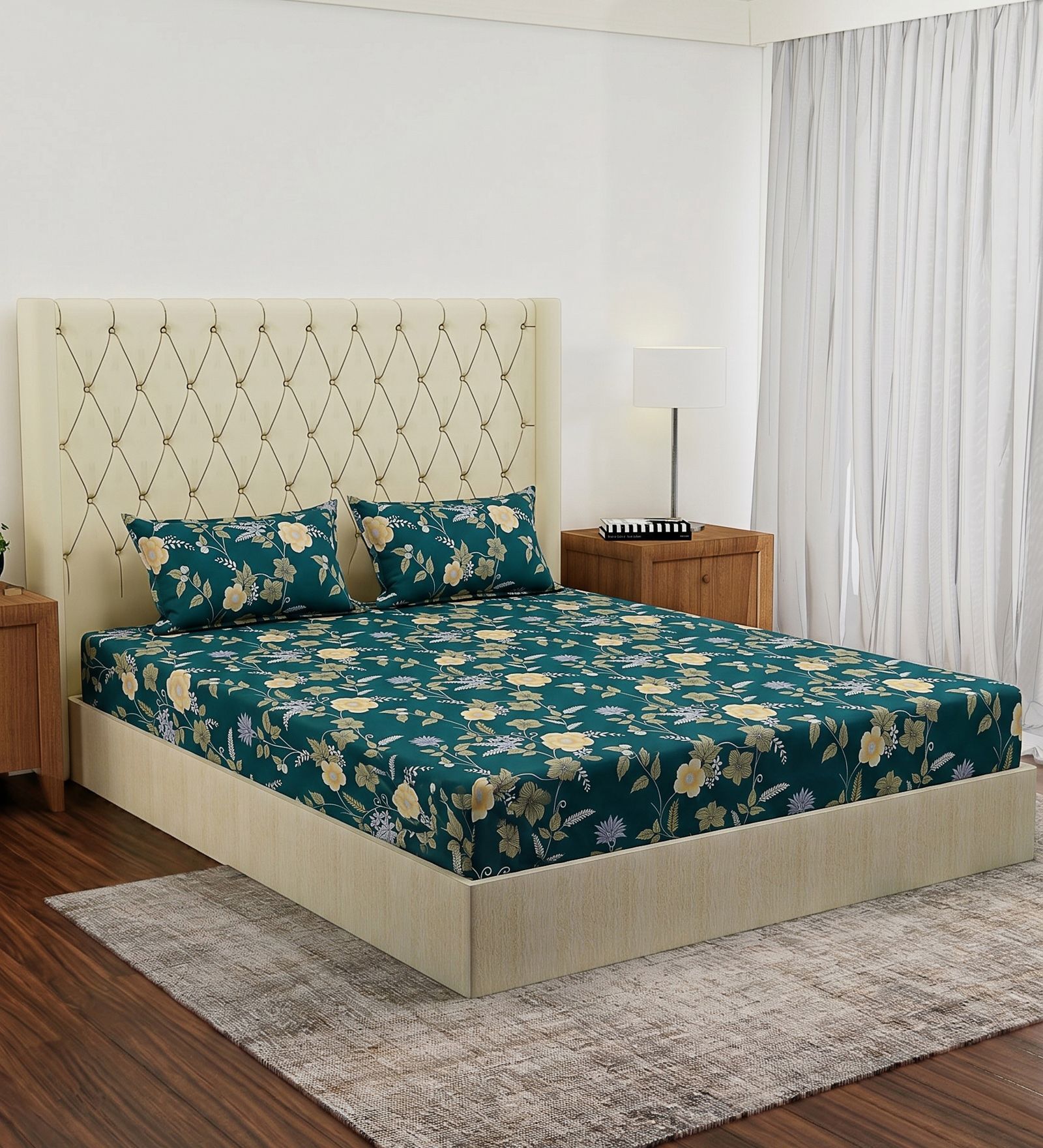 Green Floral 180 TC Polyester Double Size Bedsheet With 2 Pillow Covers