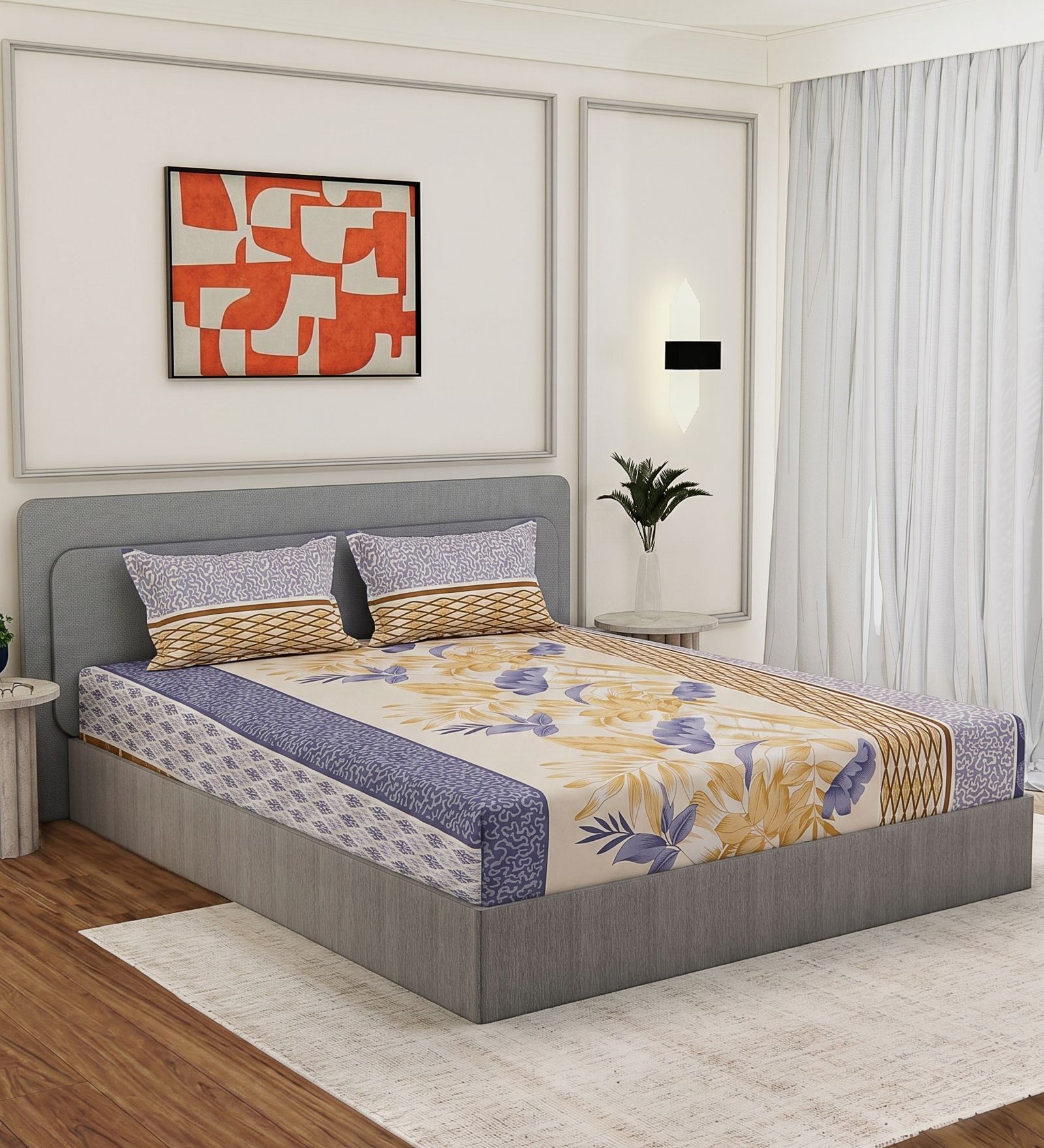 Blue Floral 180 TC Polyester Double Size Bedsheet With 2 Pillow Covers