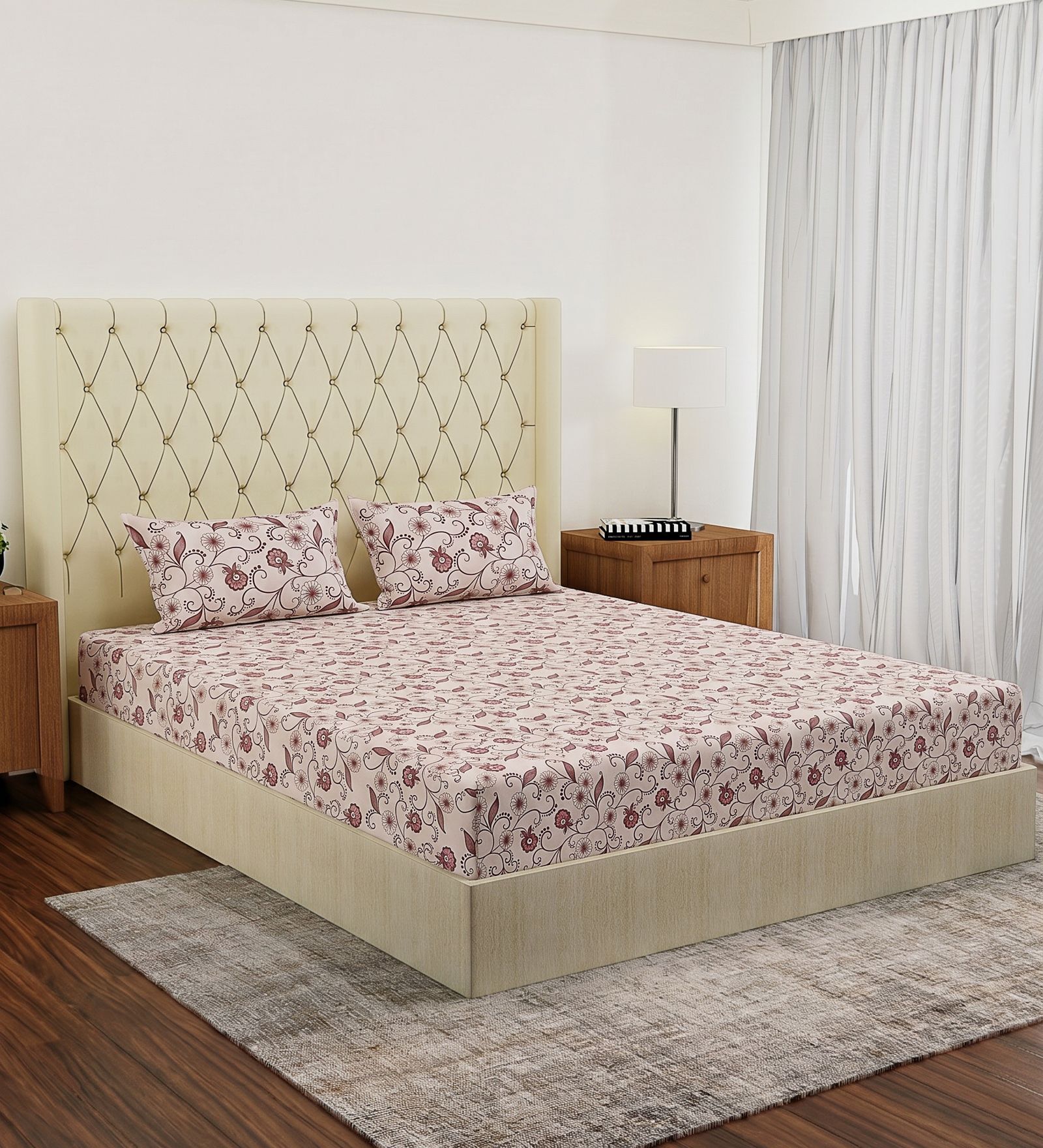 Pink Floral 180 TC Polyester Double Size Bedsheet With 2 Pillow Covers