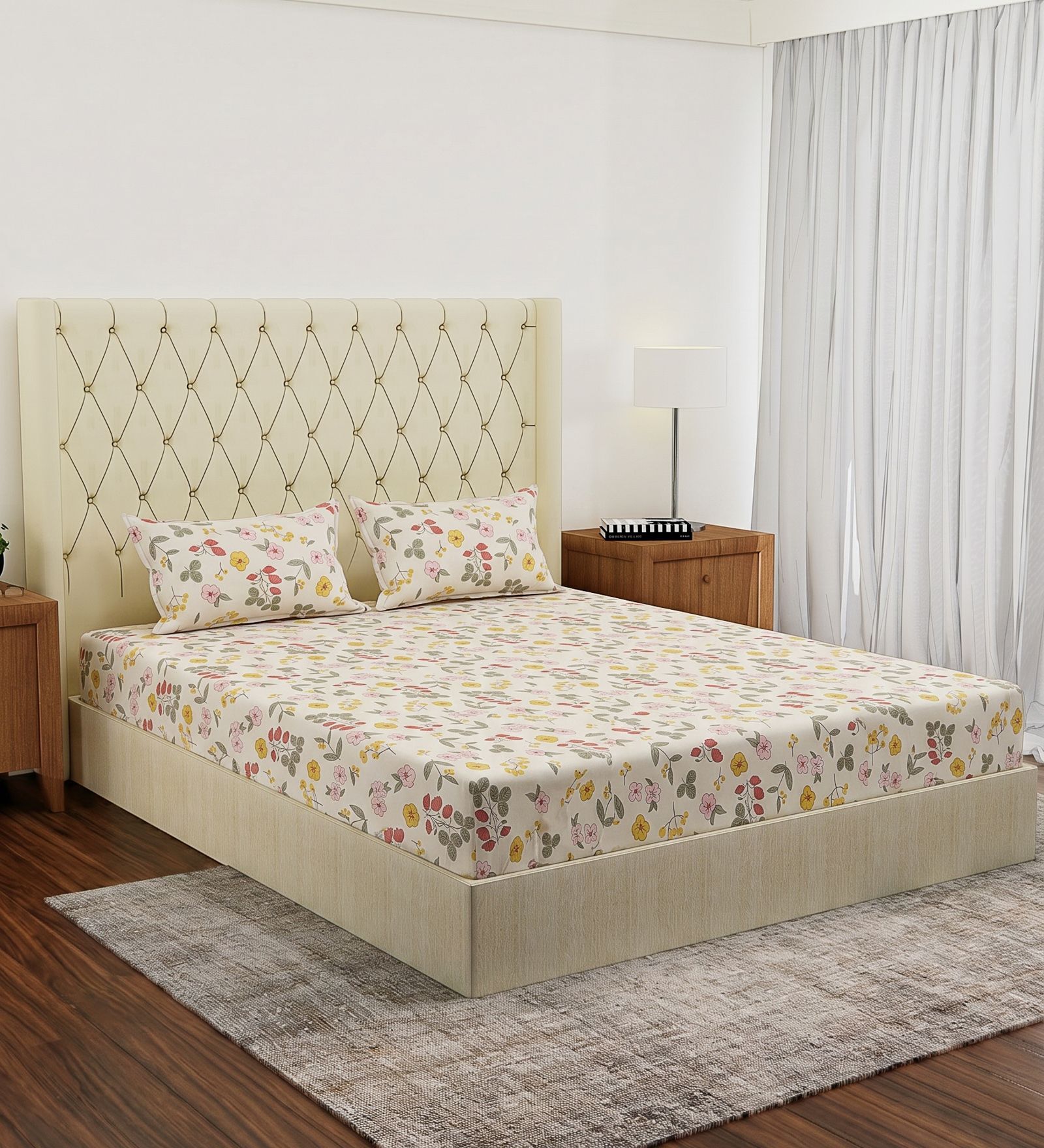 Cream Floral 180 TC Polyester Double Size Bedsheet With 2 Pillow Covers