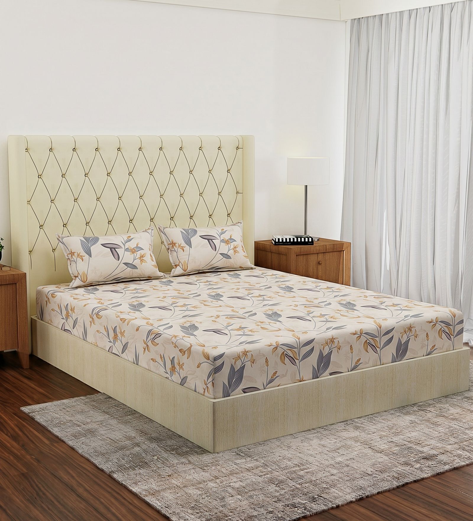 Beige Floral 180 TC Polyester Double Size Bedsheet With 2 Pillow Covers