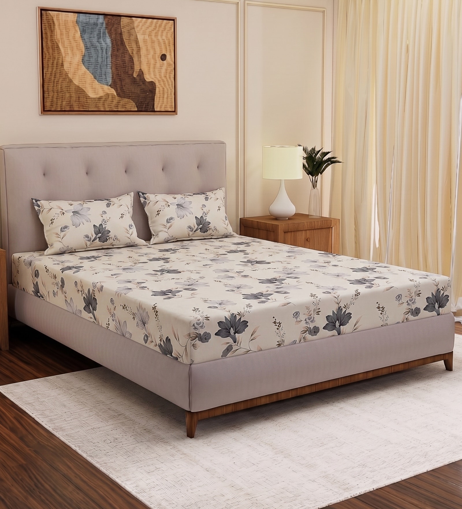 Grey Floral 180 TC Polyester Double Size Bedsheet With 2 Pillow Covers