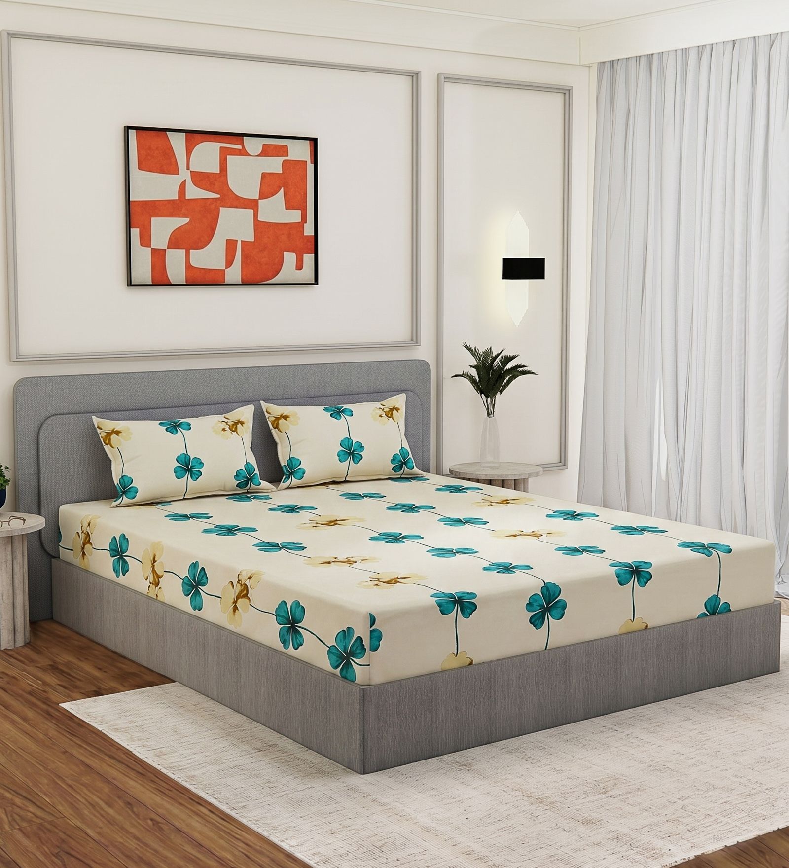 Green Floral 180 TC Polyester Double Size Bedsheet With 2 Pillow Covers