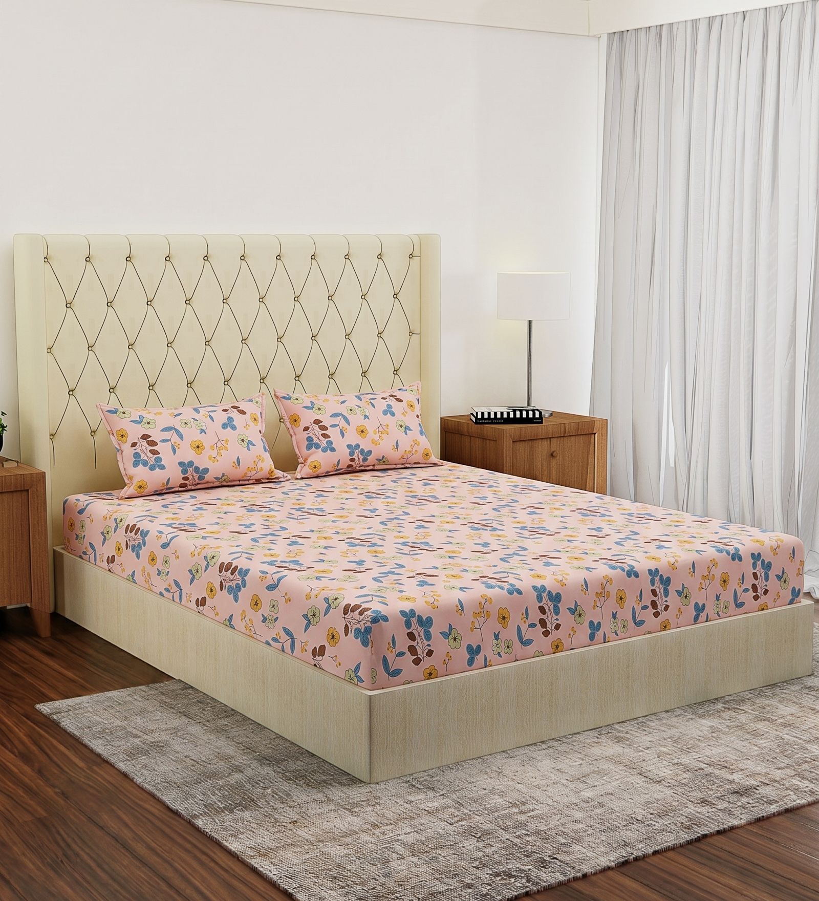 Blue Floral 180 TC Polyester Double Size Bedsheet With 2 Pillow Covers