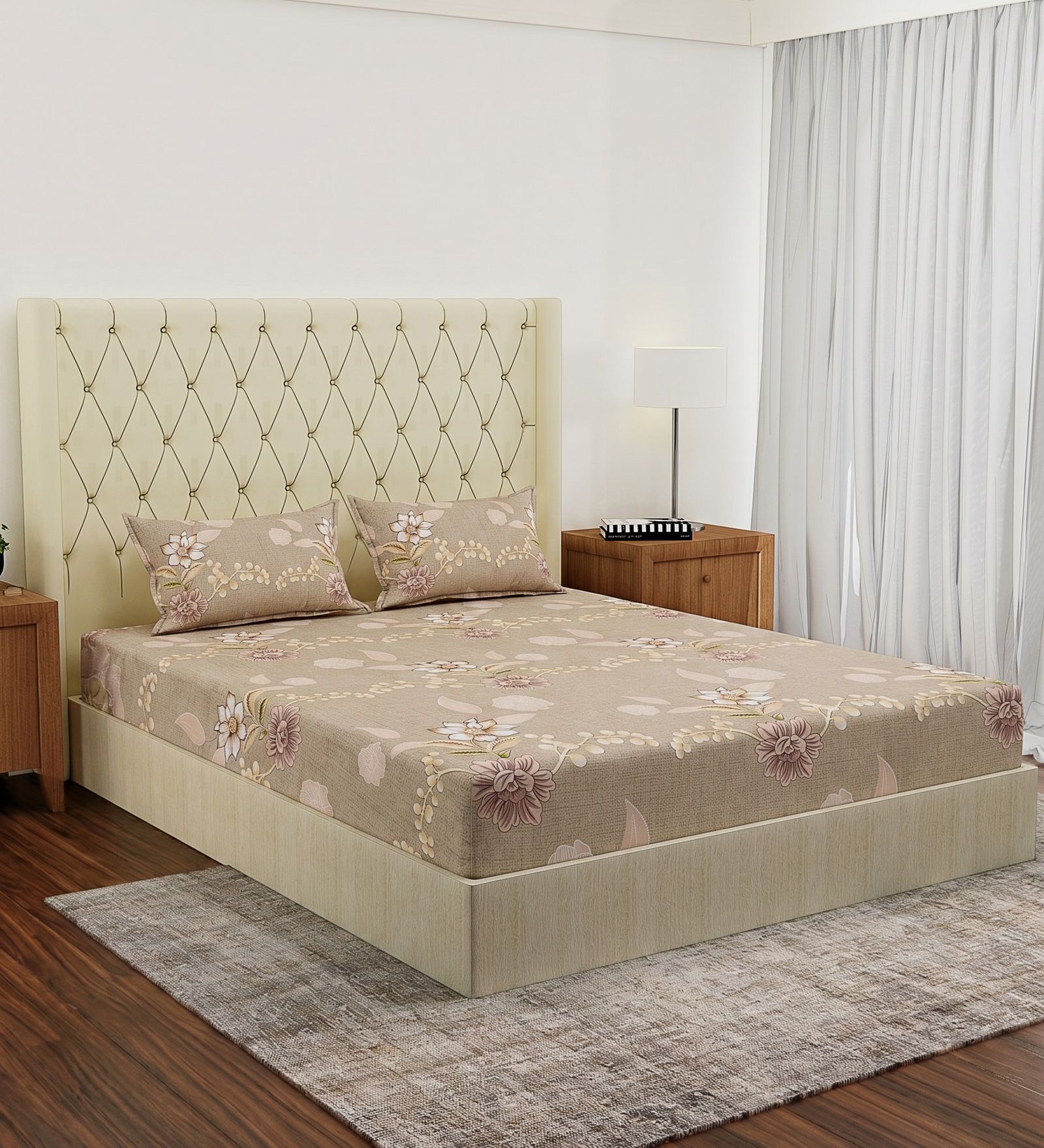 Orange Floral 180 TC Polyester Double Size Bedsheet With 2 Pillow Covers