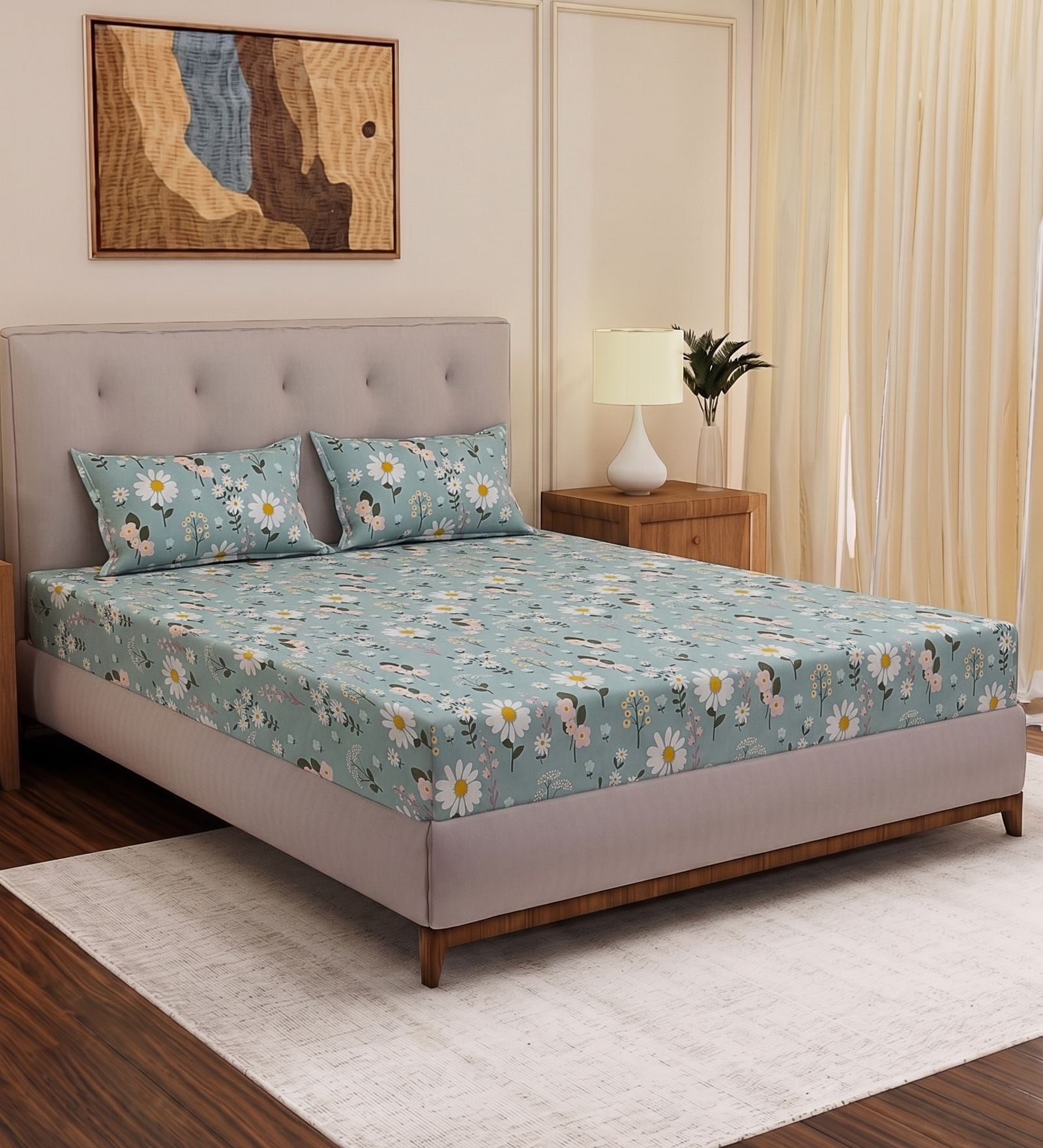 Green Floral 180 TC Polyester Double Size Bedsheet With 2 Pillow Covers