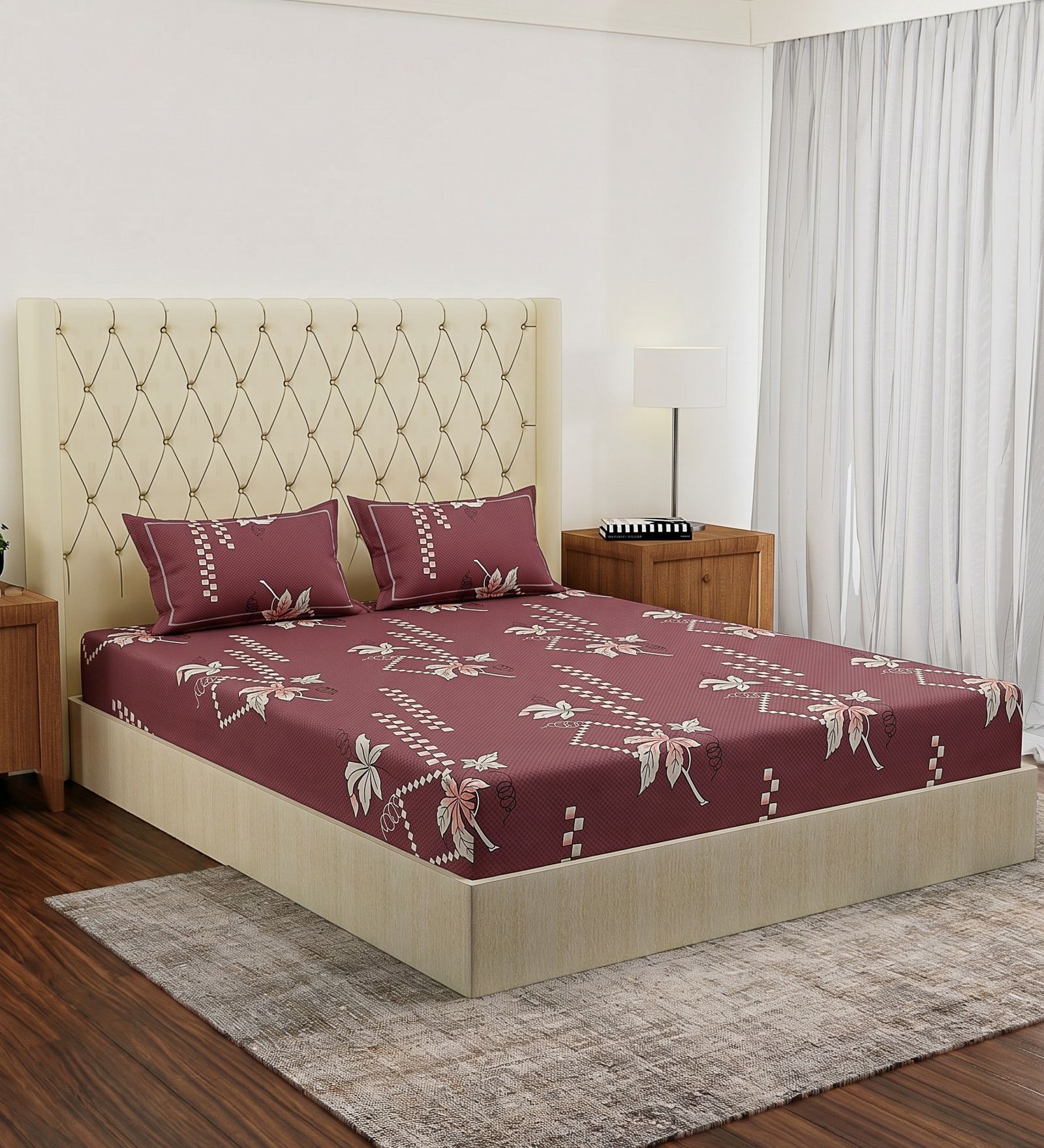 Maroon Geometric 180 TC Polyester Double Size Bedsheet With 2 Pillow Covers