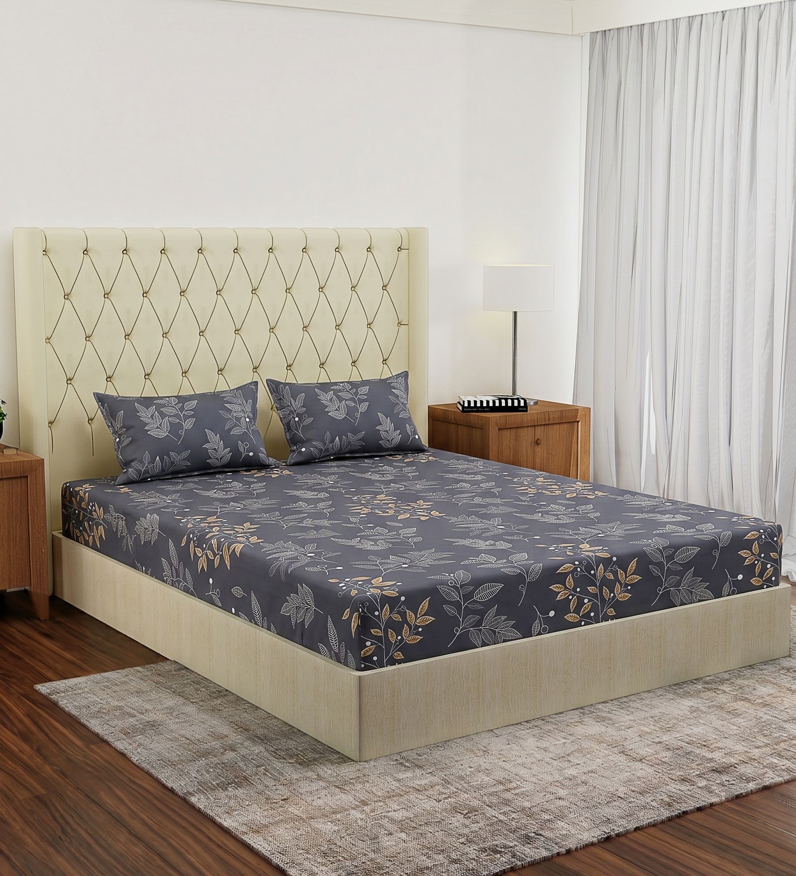 Grey Leaf 180 TC Polyester Double Size Bedsheet With 2 Pillow Covers