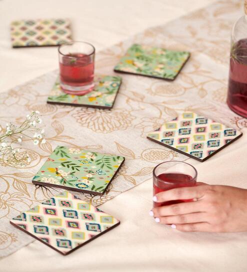 Farmhouse Coasters -Farm Garden, Green, Ikkat, Set of 6, 4  x 4