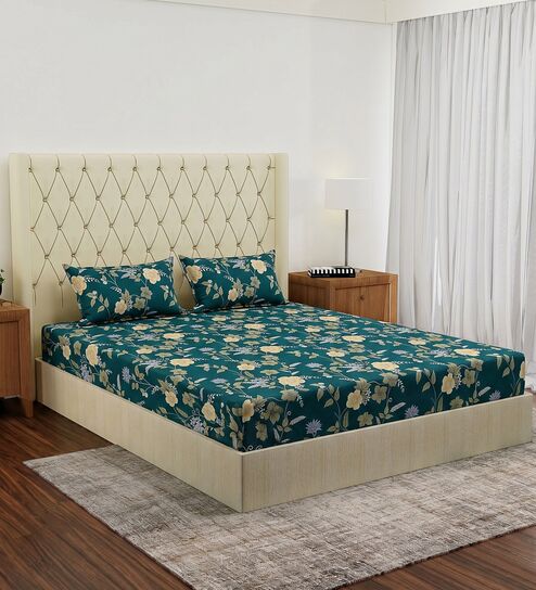 Green Floral 180 TC Polyester Double Size Bedsheet With 2 Pillow Covers