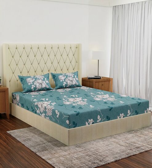 Blue Floral 180 TC Polyester Double Size Bedsheet With 2 Pillow Covers