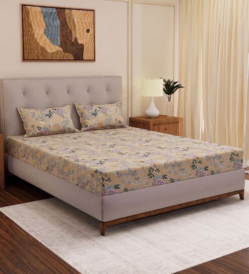 Beige Floral 180 TC Polyester Double Size Bedsheet With 2 Pillow Covers