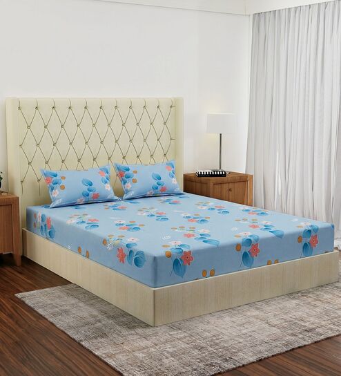 Blue Floral 180 TC Polyester Double Size Bedsheet With 2 Pillow Covers