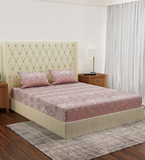 Peach Floral 180 TC Polyester Double Size Bedsheet With 2 Pillow Covers