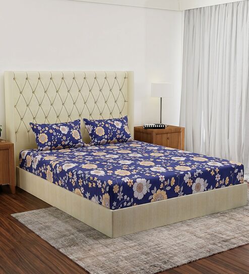 Yellow Floral 180 TC Polyester Double Size Bedsheet With 2 Pillow Covers