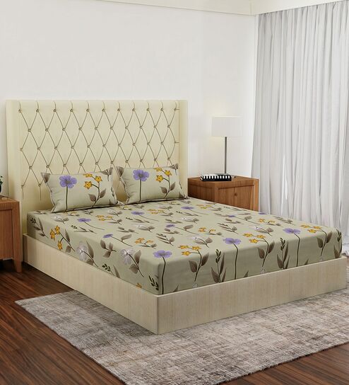 Green Floral 180 TC Polyester Double Size Bedsheet With 2 Pillow Covers