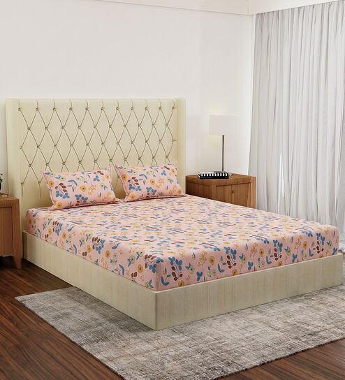 Blue Floral 180 TC Polyester Double Size Bedsheet With 2 Pillow Covers